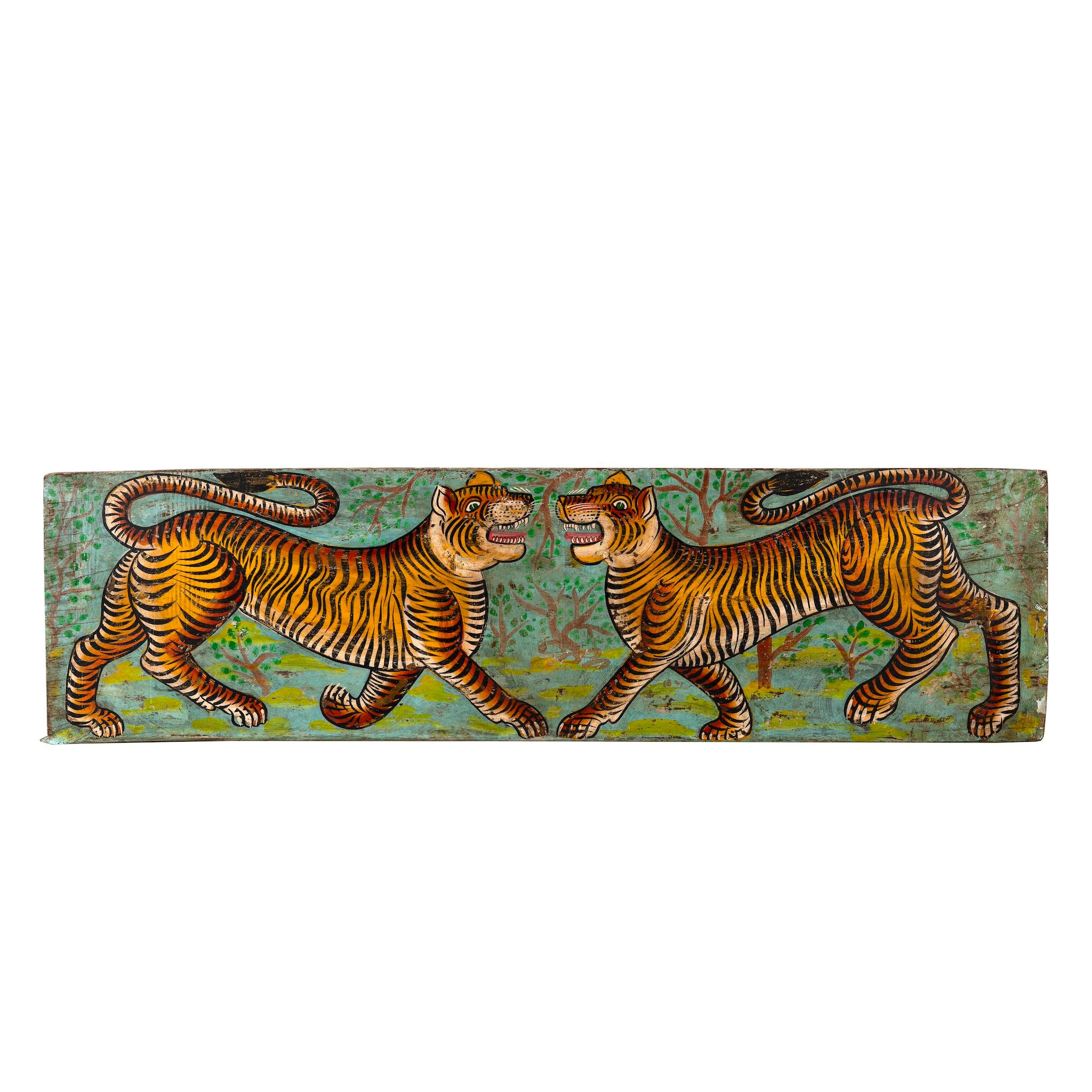 White background image of a Virat hand painted wall panel featuring a vibrant tiger motif on reclaimed antique teak wood—an artisan-crafted tiger wall decoration blending history and bold artistry.