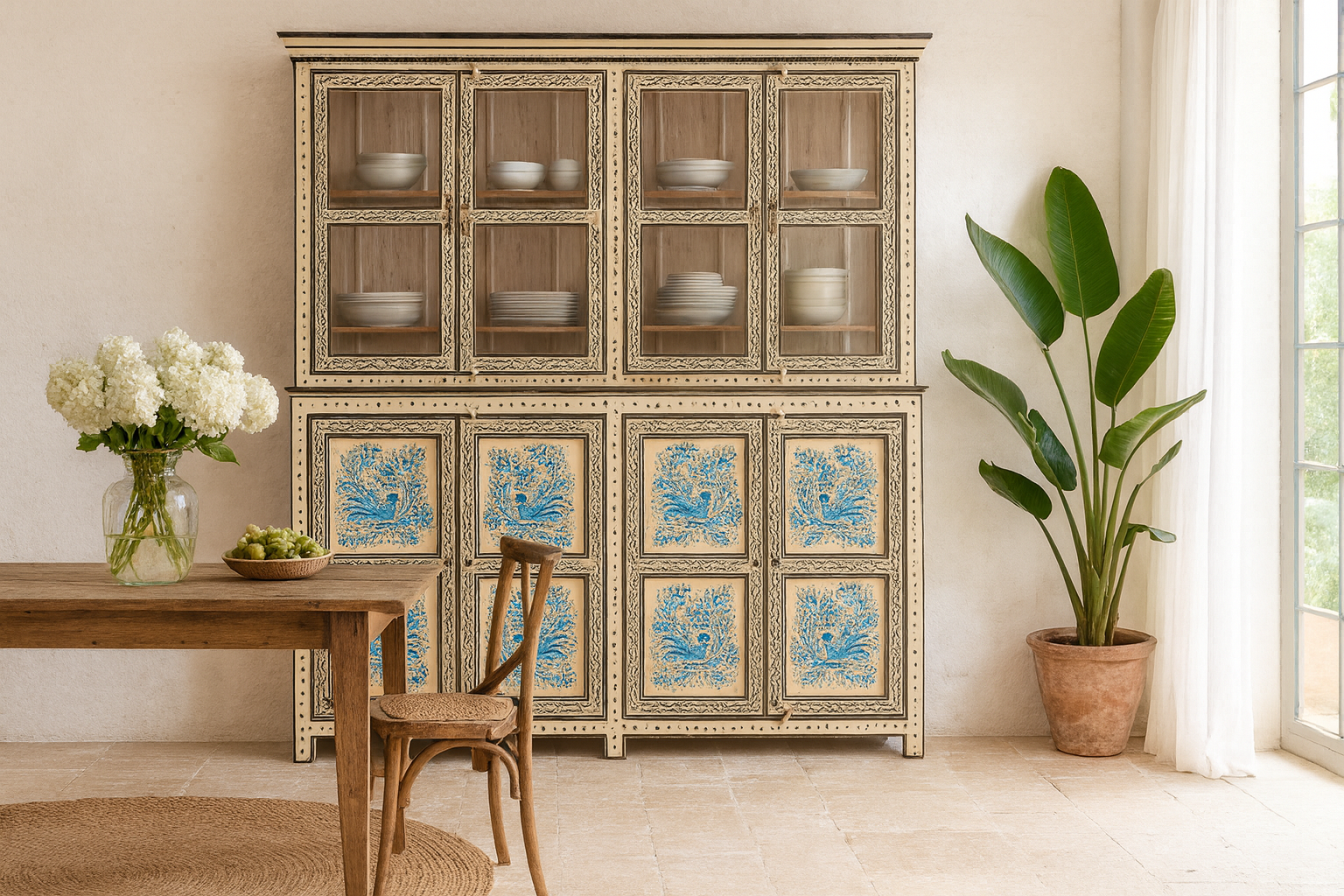 Lifestyle image with a and-painted reclaimed wood display cabinet with glass doors and floral blue peacock design – Aadrika model by Om Home & Garden