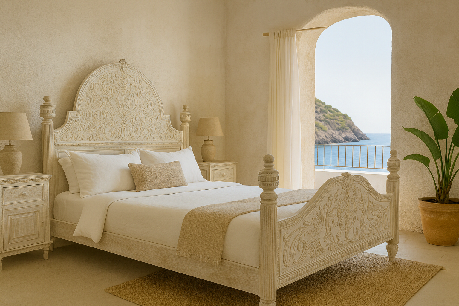 Beige bedroom with ornate bed and scenic view