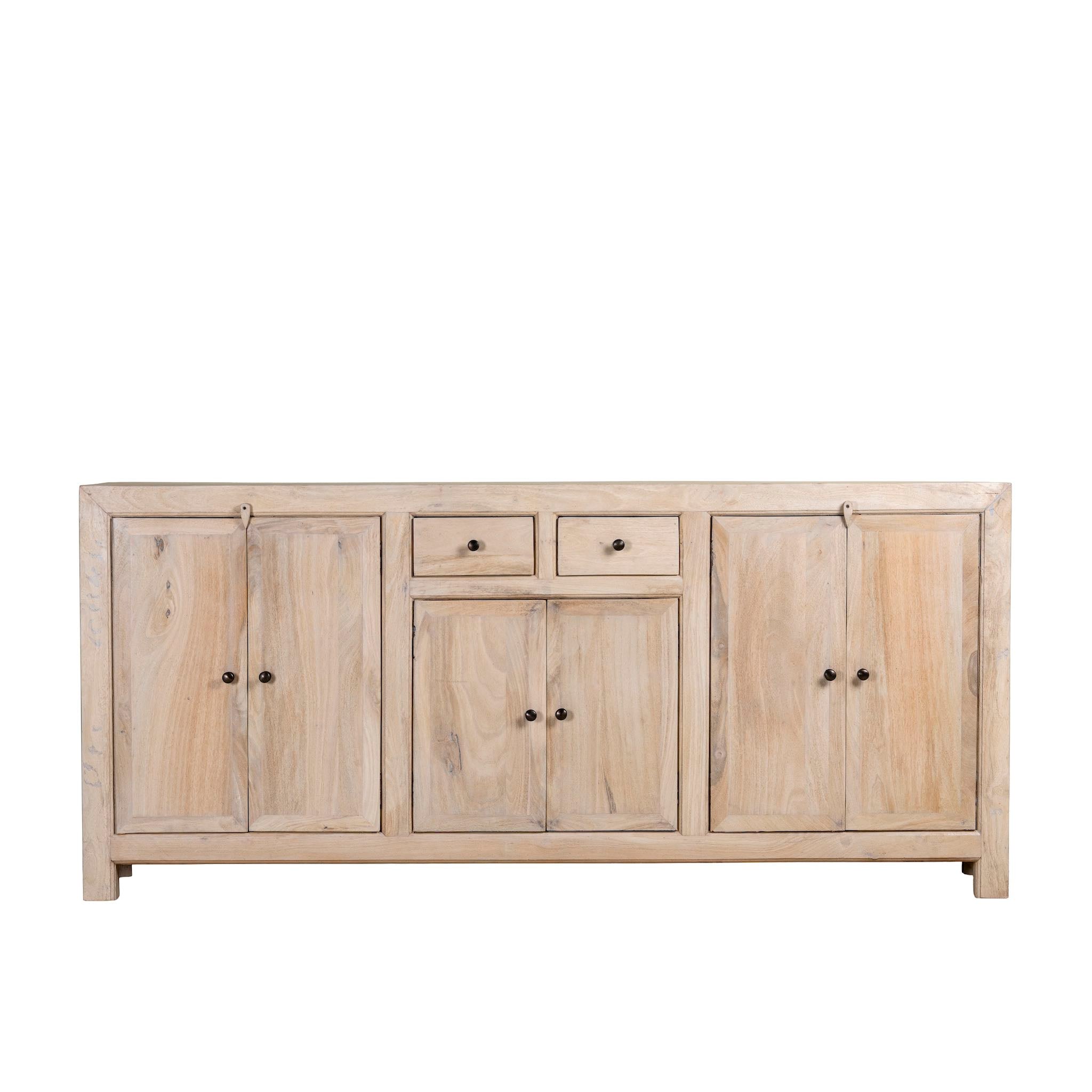 White background image of a sandblasted wooden sideboard with three compartments and two small drawers, Ibiza style living room furniture in light natural finish, 200×40×90 cm.