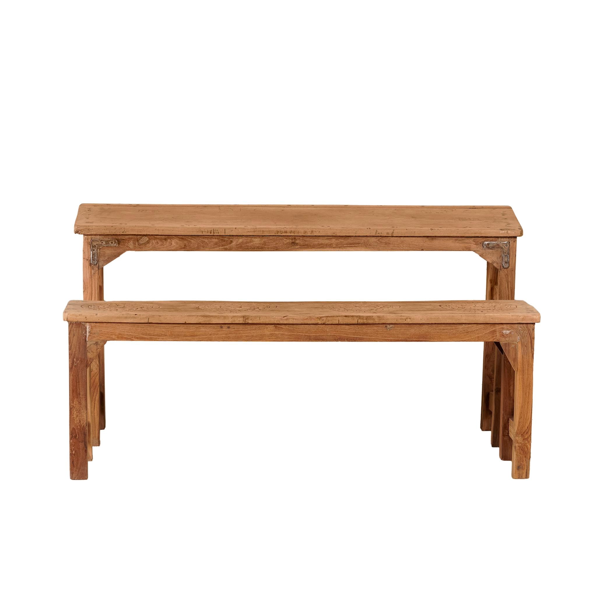 White background image of a teak wood bench set made from refurbished wood with hand-carved detailing and rustic finish, 120 × 30 × 65 cm.
