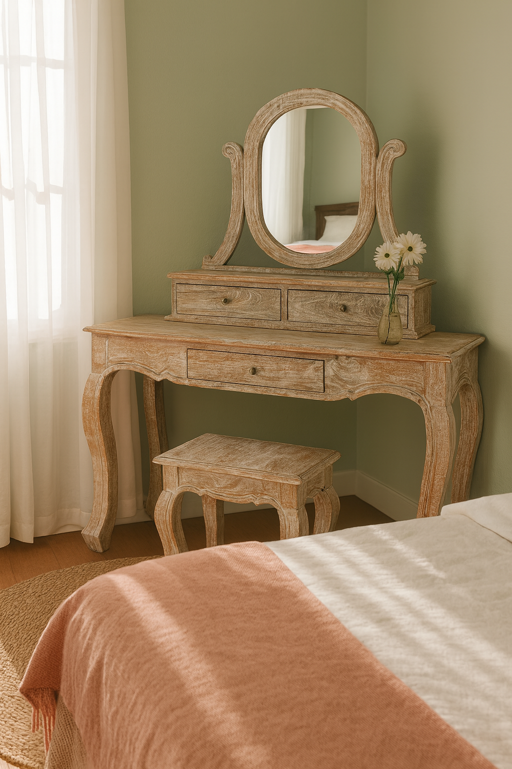 Lifestyle imagination of a of a handcrafted mango wood cosmetic table with a curved mirror and matching stool, showcasing a vintage style with a beige finish.