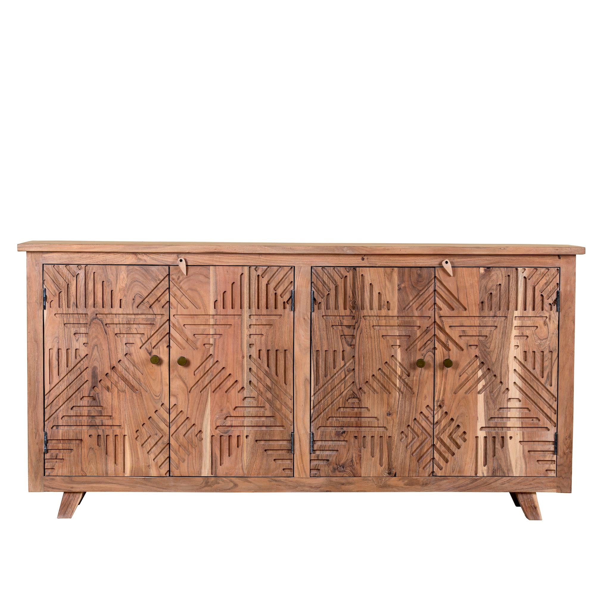 White background image of a Acacia wood furniture sideboard with hand-carved detailing and brass knobs, modern living room furniture, 180 × 40 × 90 cm.