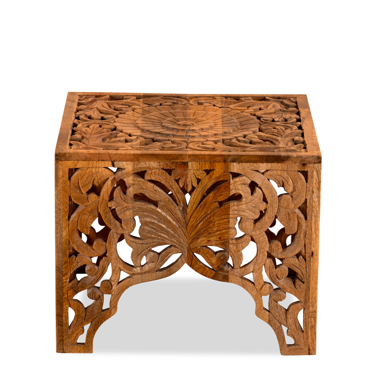 White background image of a square hand carved coffee table made from solid mango wood with intricate detailing; compact and rustic, 50 × 50 × 40 cm.