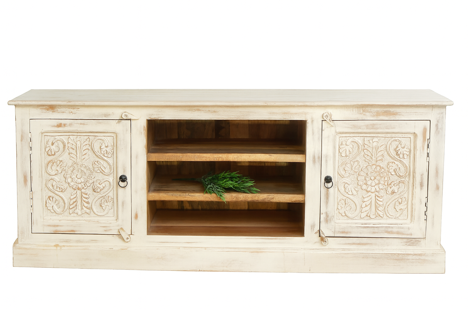 White background image of a hand carved lowboard made from mango wood with floral doors and open compartments; wooden TV unit, 150 × 60 × 40 cm.