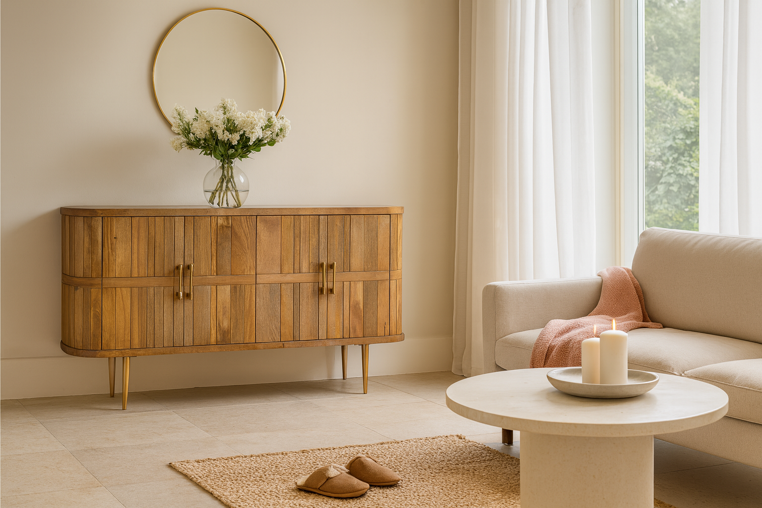 Lifestyle image of a handcrafted mango wood sideboard with curved door panels and brass-plated legs—minimalistic style living room furniture with natural elegance.