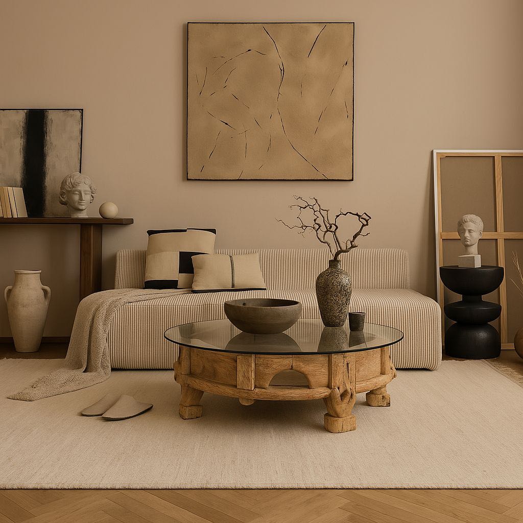 Life style imagination of a round reclaimed teak coffee table with glass top and hand-carved base; rustic vintage design, 84 cm diameter, 28 cm height.