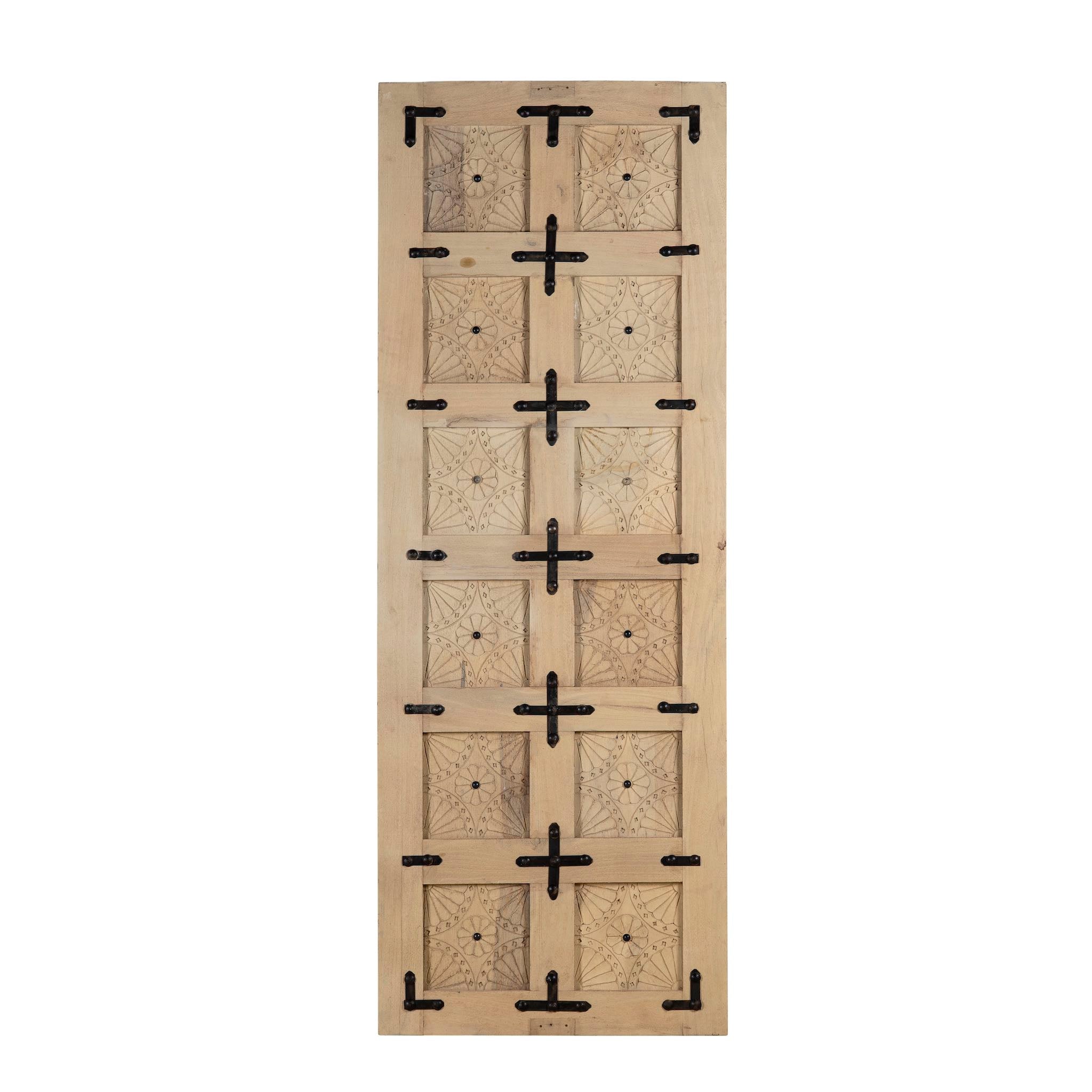 Decorative wooden panel with square cutouts and metal brackets on a white background