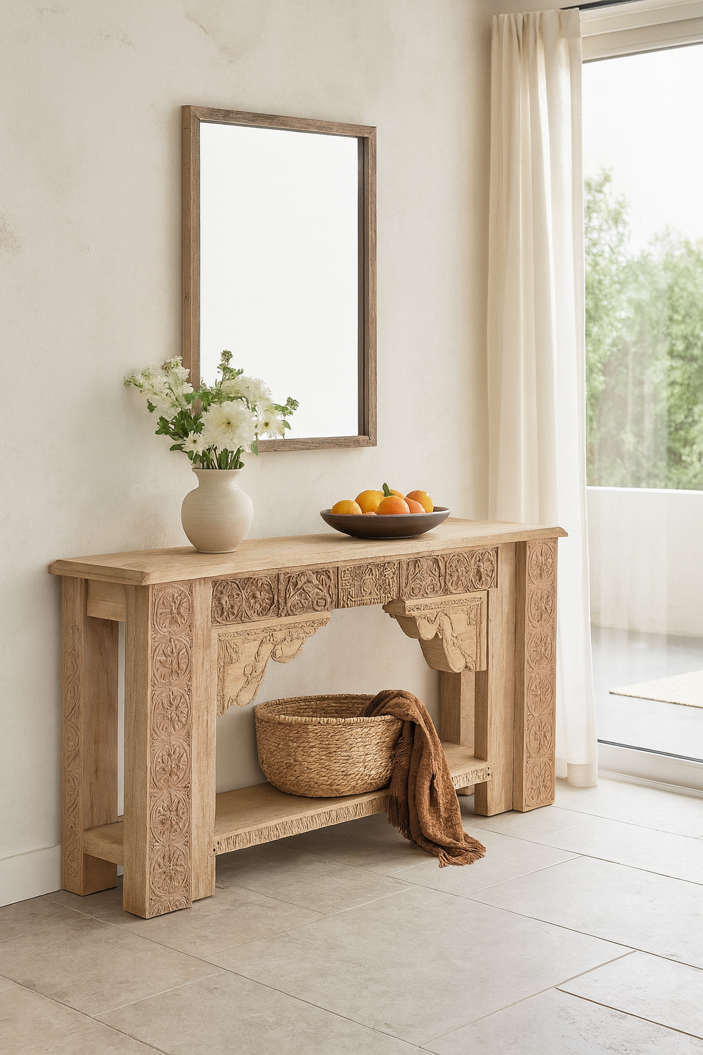 Lifestyle imagination of a antique teak console table made from reclaimed wood with hand-carved floral and geometric panels, 183 × 40 × 82 cm.