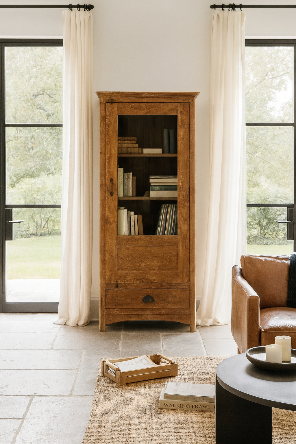 Lifestyle image of an antique reclaimed teak wood display cabinet with glass door, honey wax finish, and lower drawer – unique furniture showcasing traditional Indian craftsmanship.