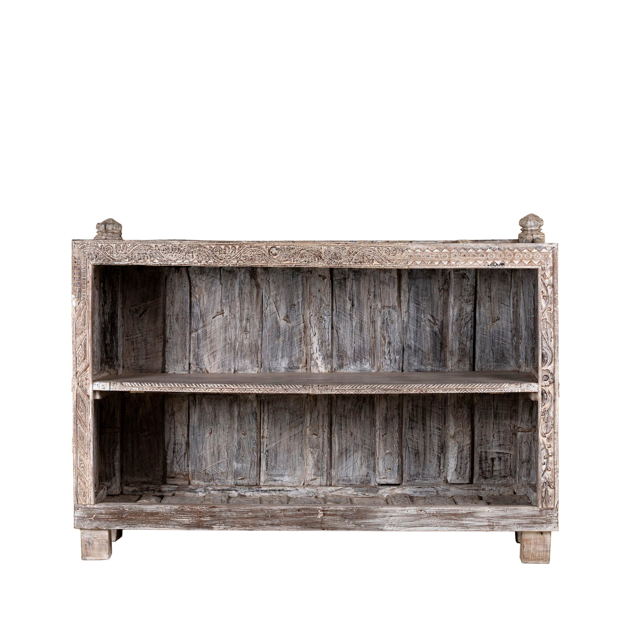 White background image of a unique Indian furniture teak counter table with vintage shelving and aged green paint, antique console with original wood panel detailing, 152 × 64 × 102 cm.