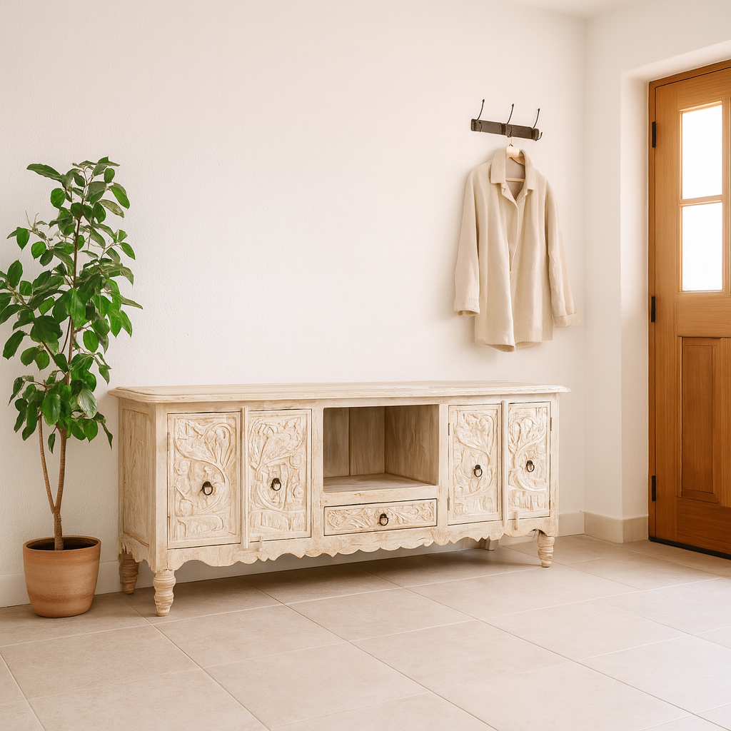 Hand-carved traditional sideboard made from mango wood with whitewashed floral detailing; perfect as entryway table vintage or TV unit, 198 × 82 × 40 cm.