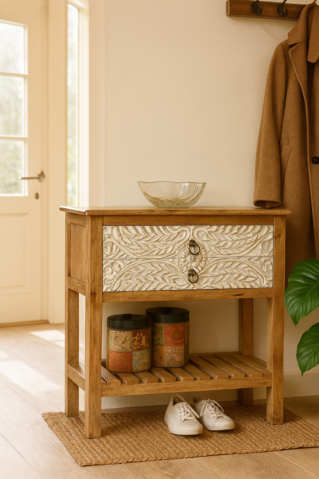 Lifestyle imagination of a white washed mango wood console table with floral hand-carved drawers and lower shoe shelf; rustic mango wood furniture, 90 × 40 × 75 cm.