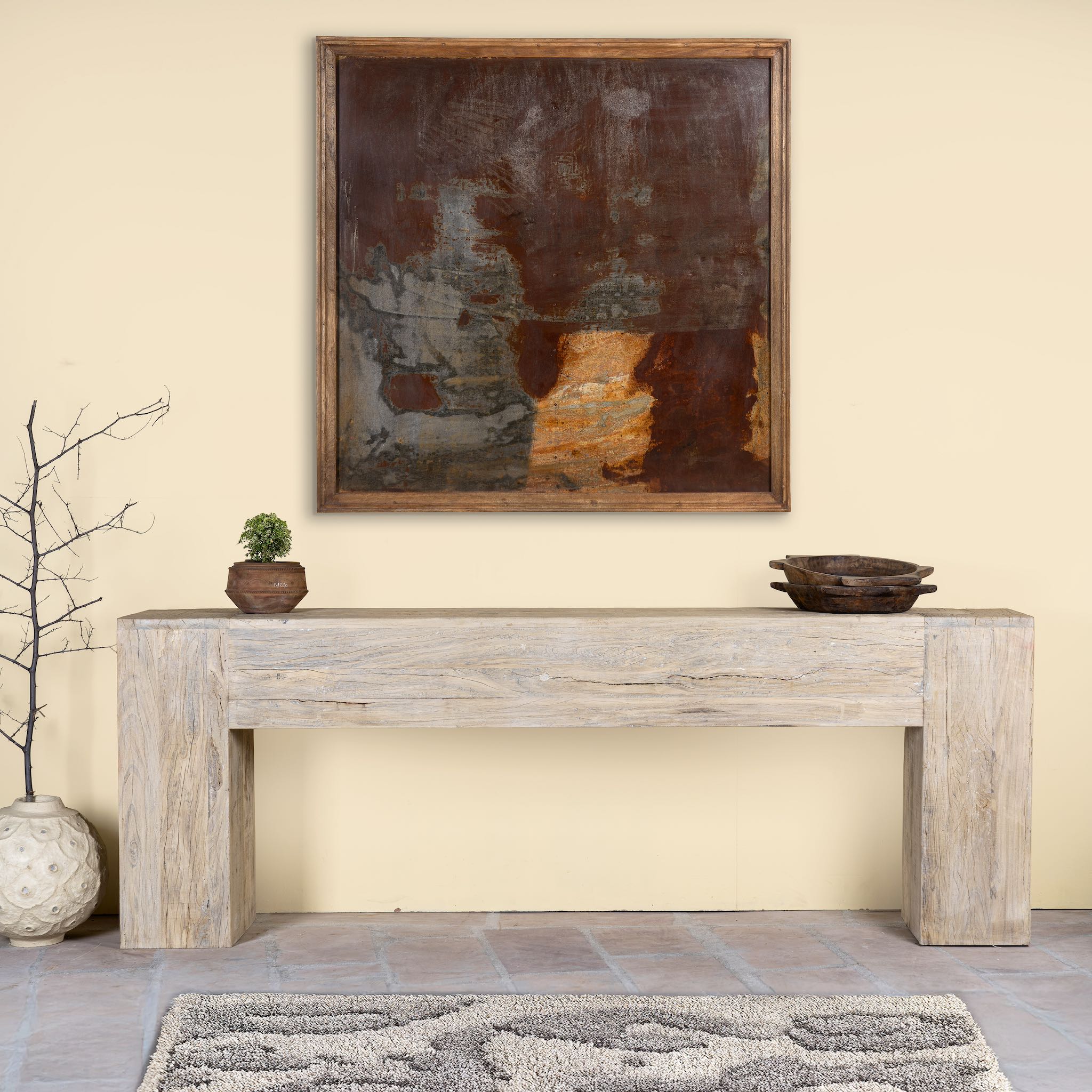 Minimalist reclaimed wood console in Ibiza style with light sun-washed finish, 250cm length.