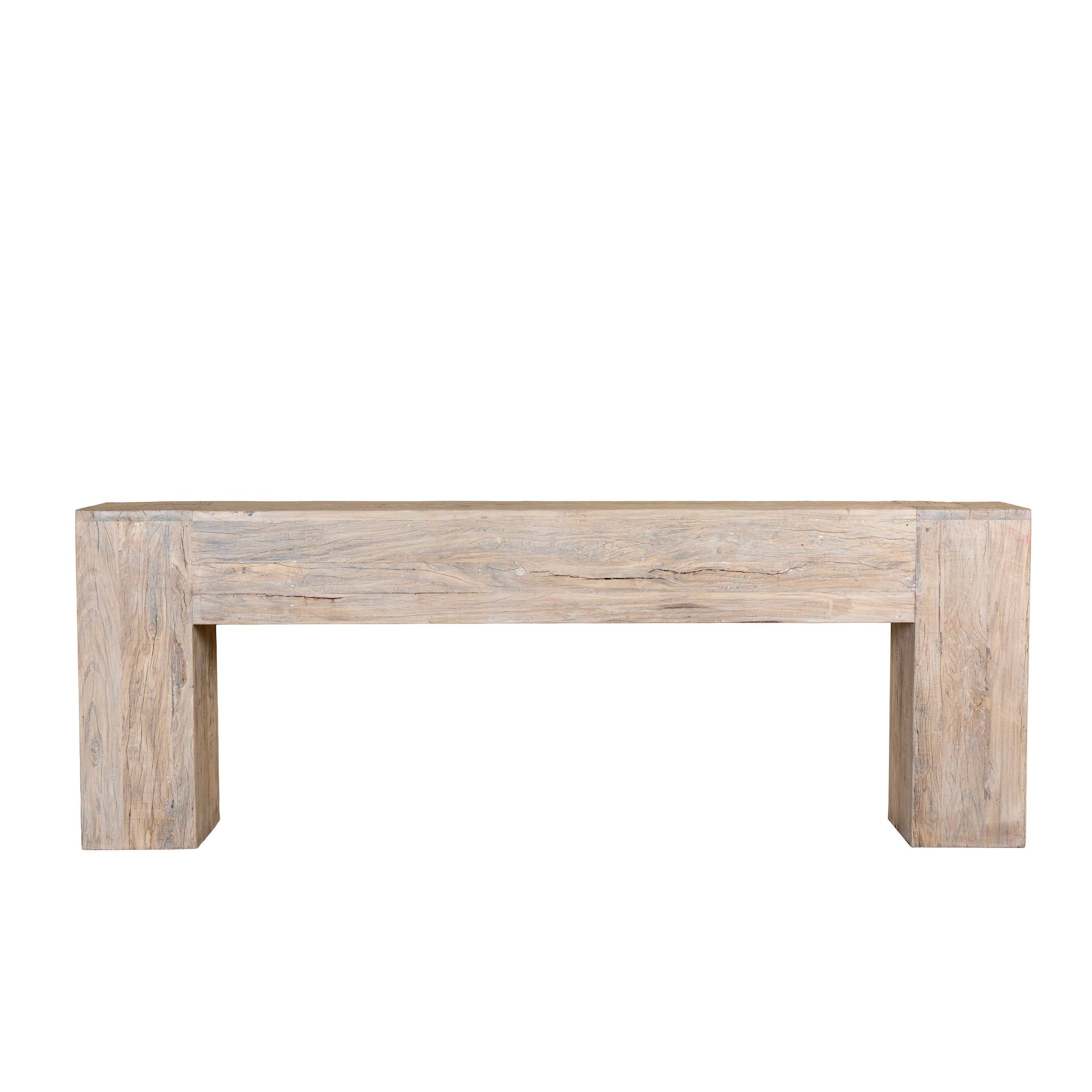 White background image of a minimalist reclaimed wood console in Ibiza style with light sun-washed finish, 250cm length.