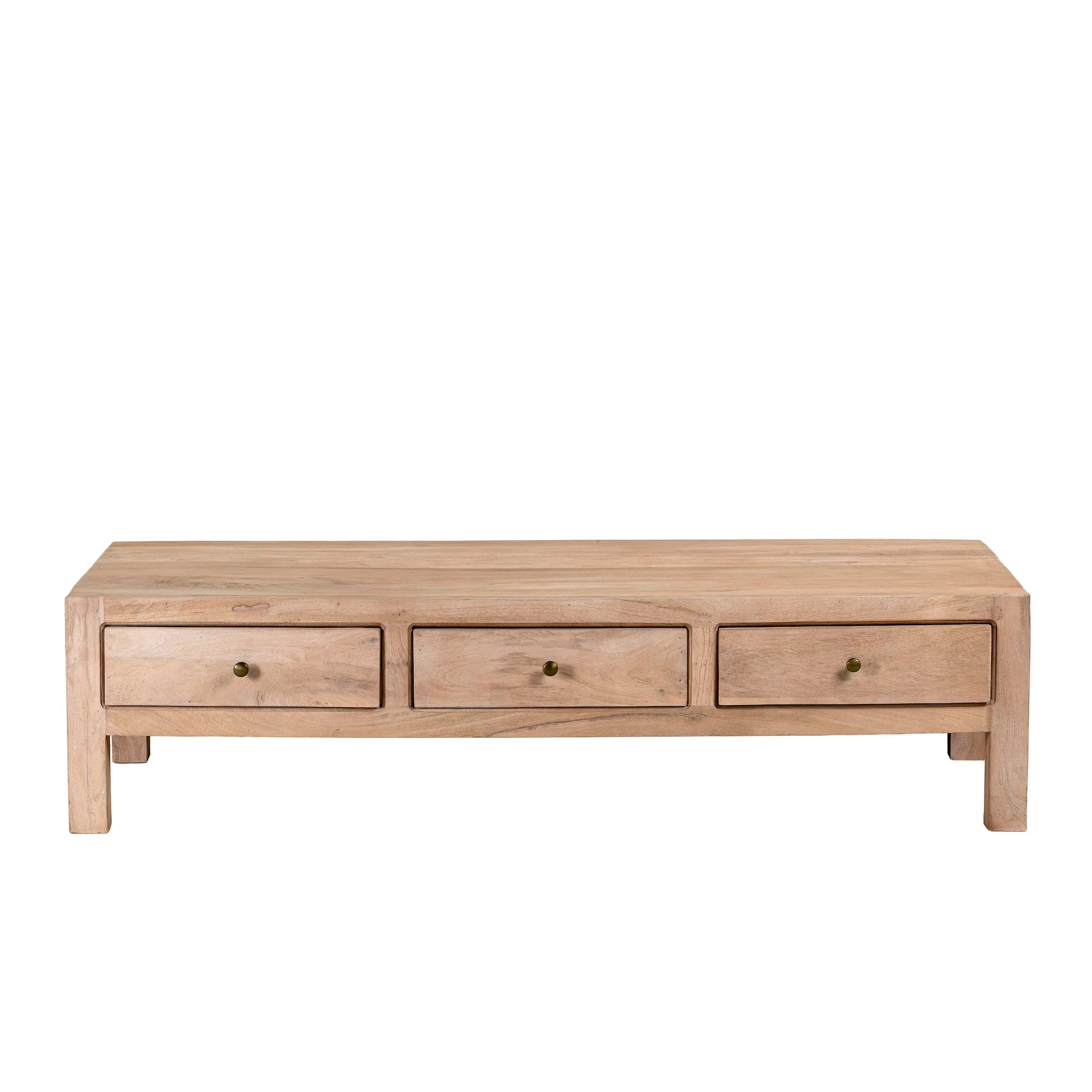 Wite background image of a minimalistic wooden coffee table made from reclaimed wood with three drawers; natural finish, 150 × 60 × 45 cm.