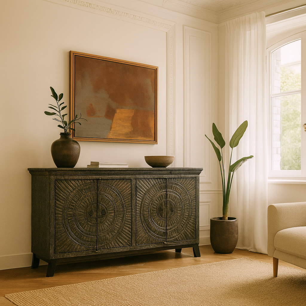 Lifestyle image of a handcrafted carved wood sideboard made from mango wood with Indian motifs; ideal living room furniture, 170 × 90 × 40 cm.