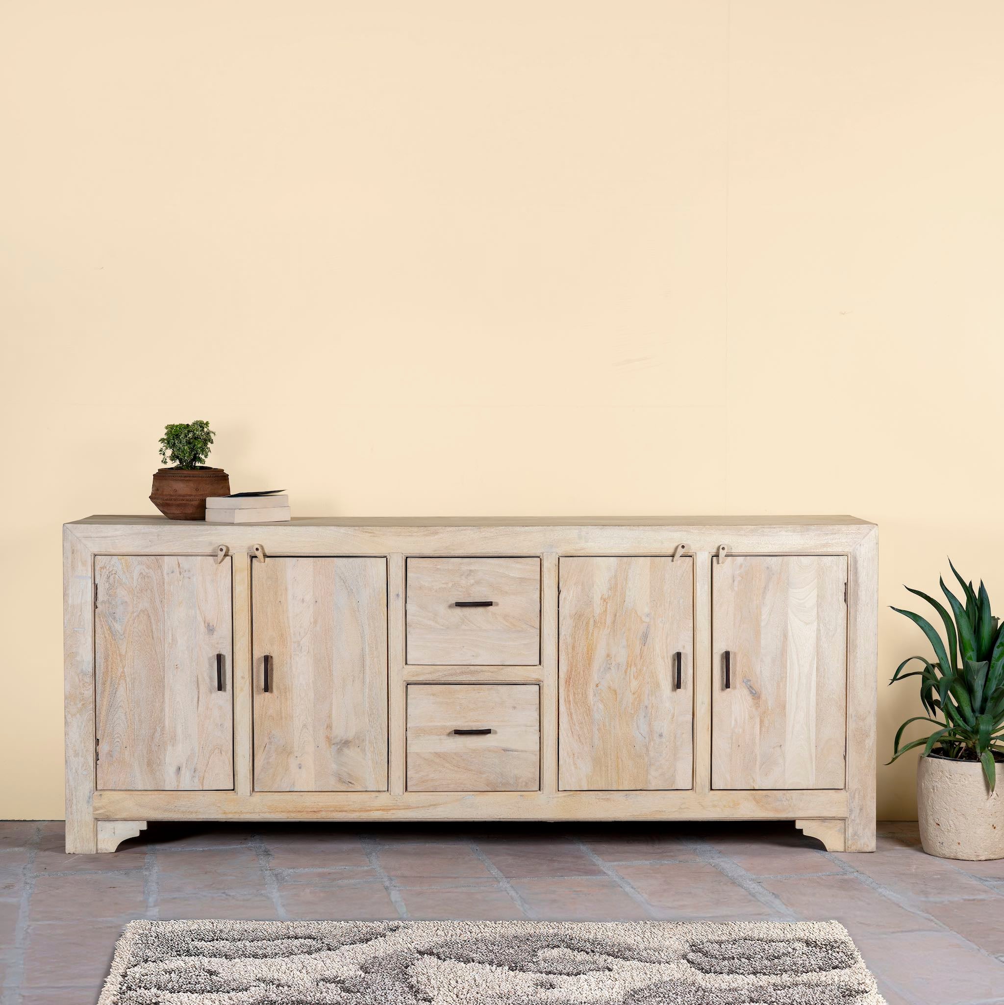 Sandblasted wood sideboard with drawers and cabinets, living room furniture in relaxed Ibiza style.