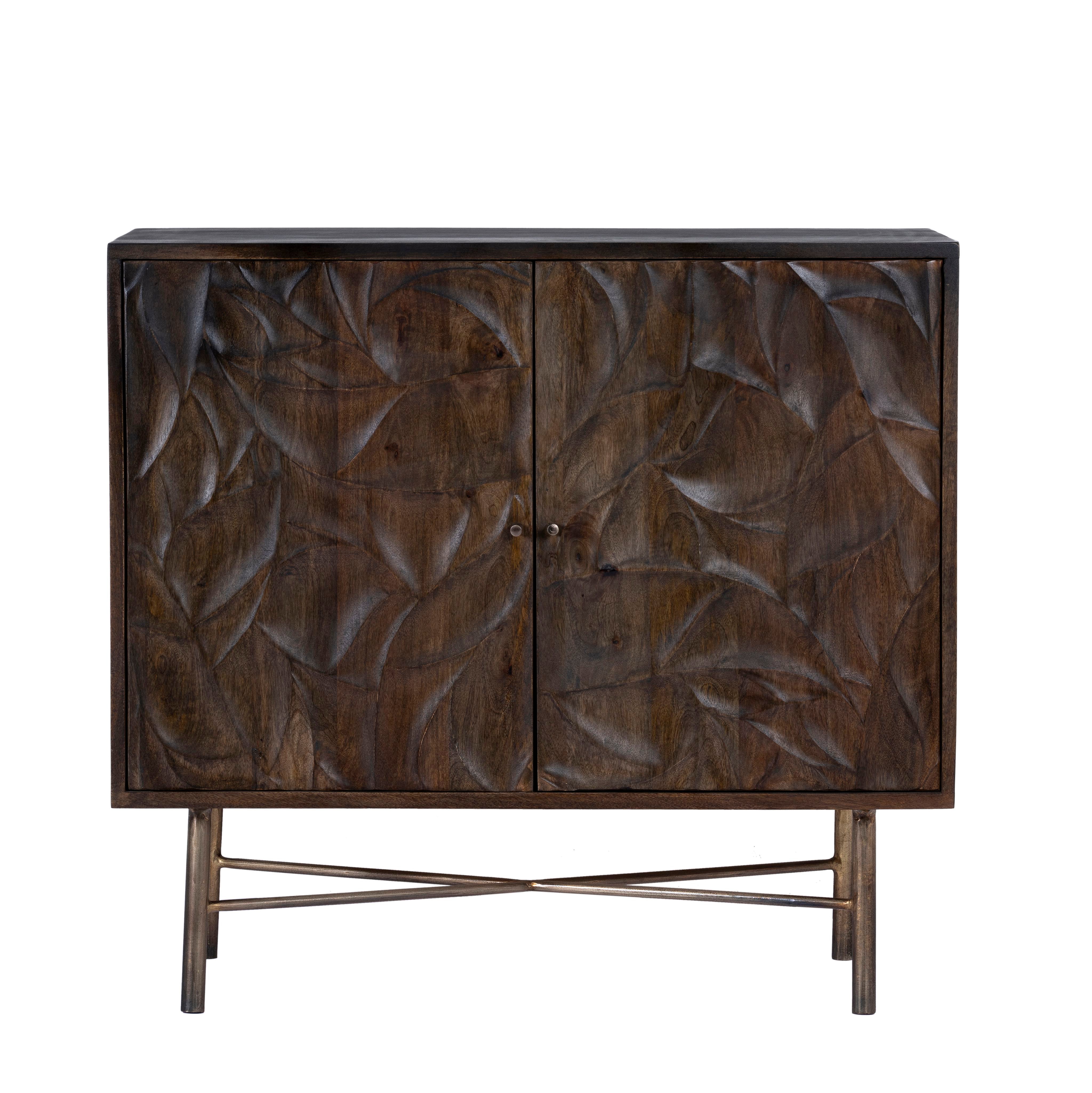 White background image of a hand-carved mango wood sideboard with brass-plated iron stand, an artisanal, minimalistic furniture piece combining natural warmth and modern elegance.