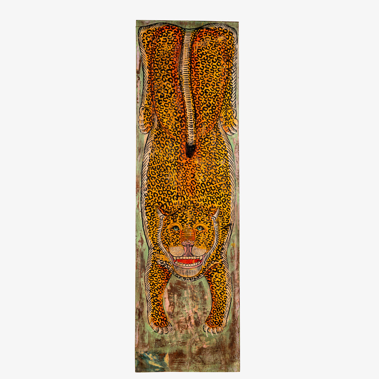 White background image of a Ardra hand-painted wooden wall decoration featuring a vibrant Indian tiger motif on recycled teak—an eye-catching Indian door decoration full of artistic detail and heritage.