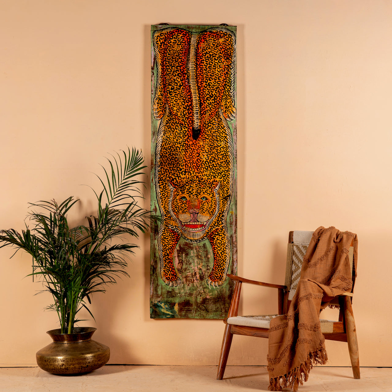 Ardra hand-painted wooden wall decoration featuring a vibrant Indian tiger motif on recycled teak—an eye-catching Indian door decoration full of artistic detail and heritage.