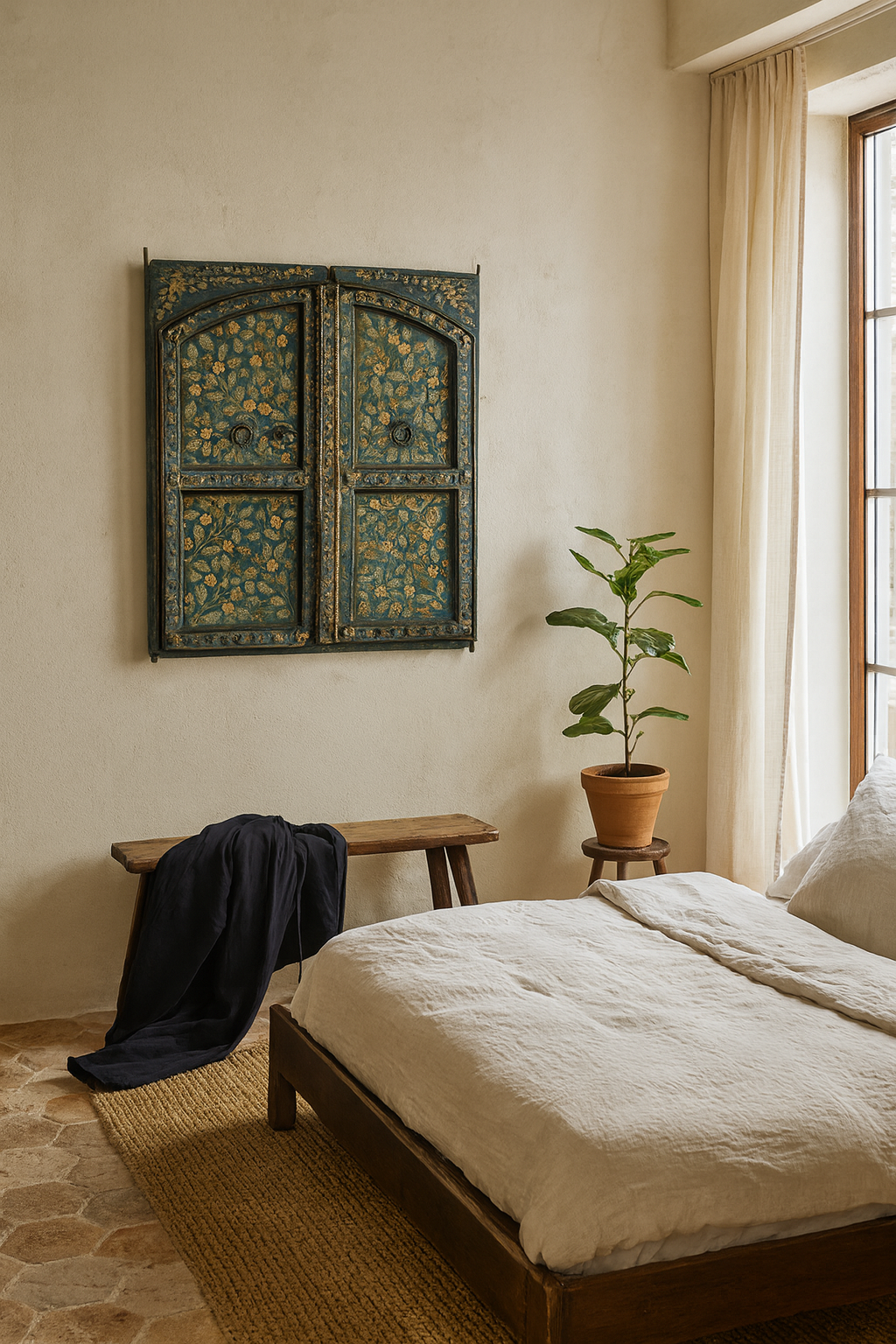 Lifestyle scene with a vintage wall panel crafted from an old teak wood window frame, hand-painted with detailed floral designs in cream, red, and green on a rich teal background, featuring arched upper panels and decorative metal ring pulls.