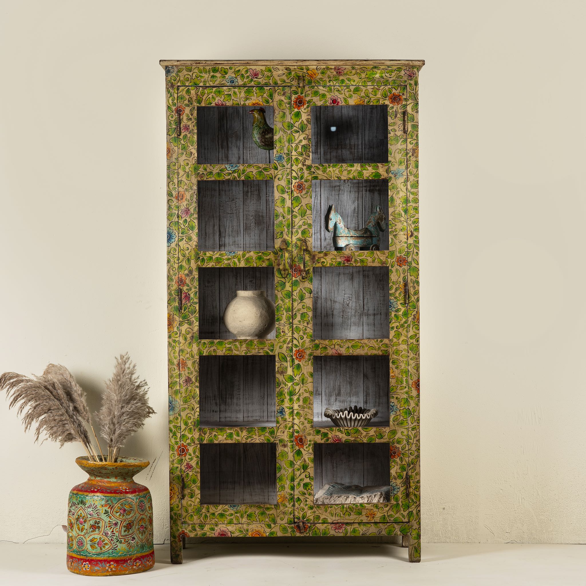 Hand-painted reclaimed wood showcase cabinet with floral motifs and glass doors, sustainable furniture and vintage home decor style, 96 × 40 × 182 cm.