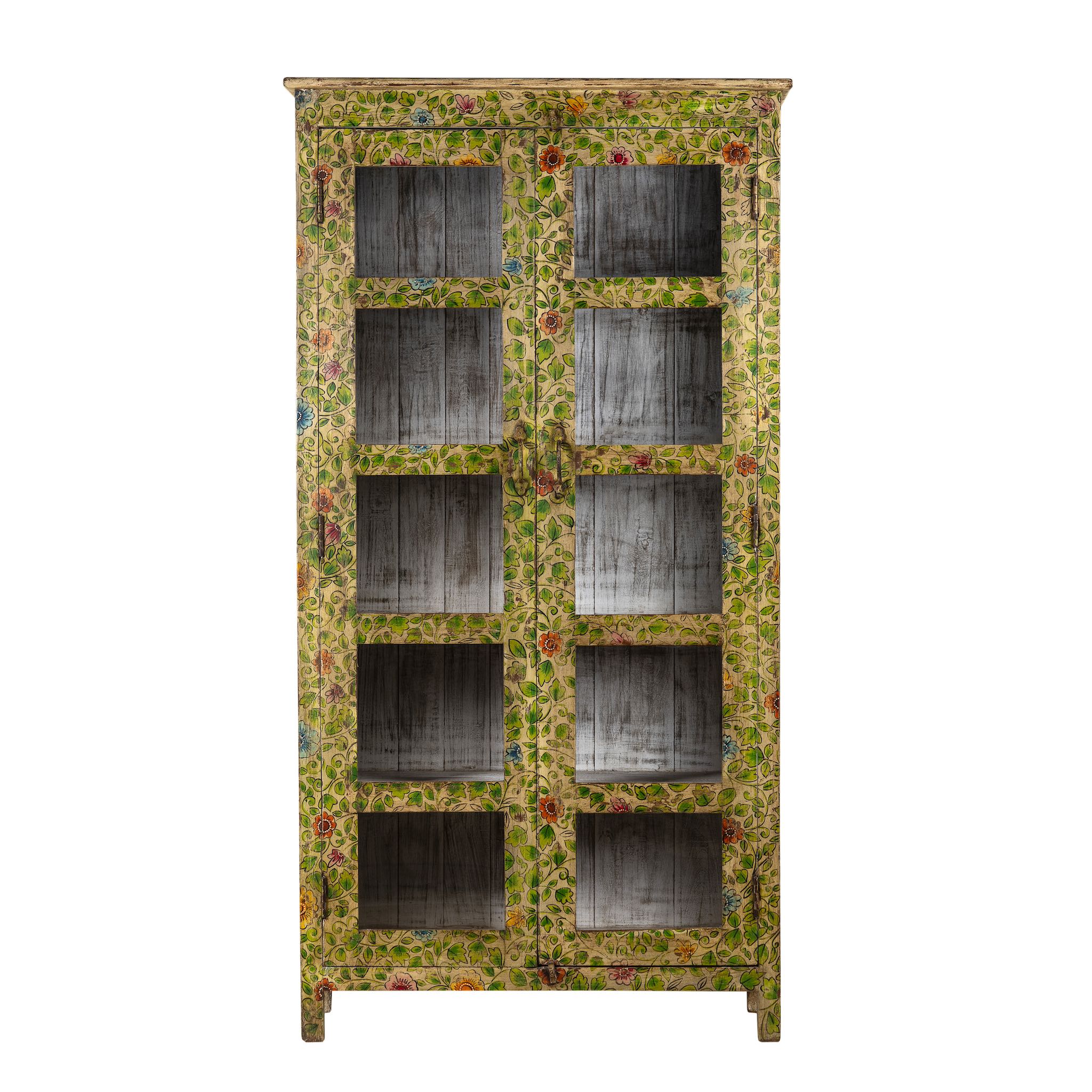 White background image of a hand-painted reclaimed wood showcase cabinet with floral motifs and glass doors, sustainable furniture and vintage home decor style, 96 × 40 × 182 cm.