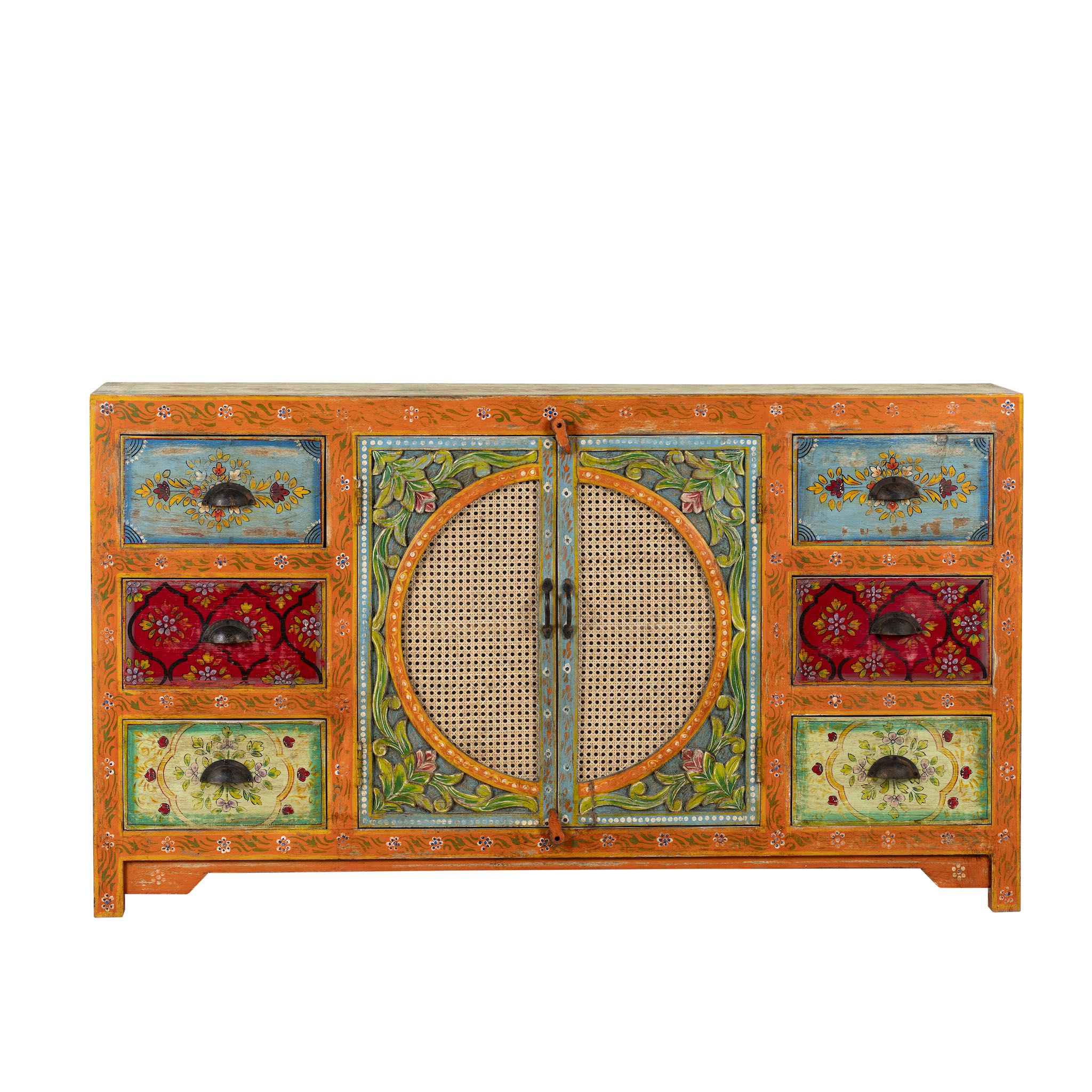 White background image of a vintage style furniture sideboard with hand-painted floral motifs and rattan door inserts, bohemian rattan door furniture, 160 × 40 × 90 cm.