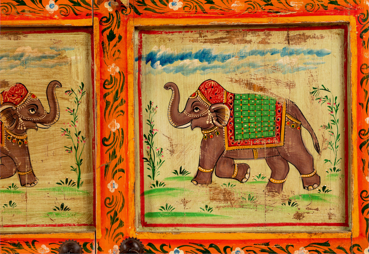 Close up image of a hand-painted reclaimed wood sideboard with Indian god motifs; unique hand painted furniture and Indian furniture online, 177 × 92 × 51 cm.
