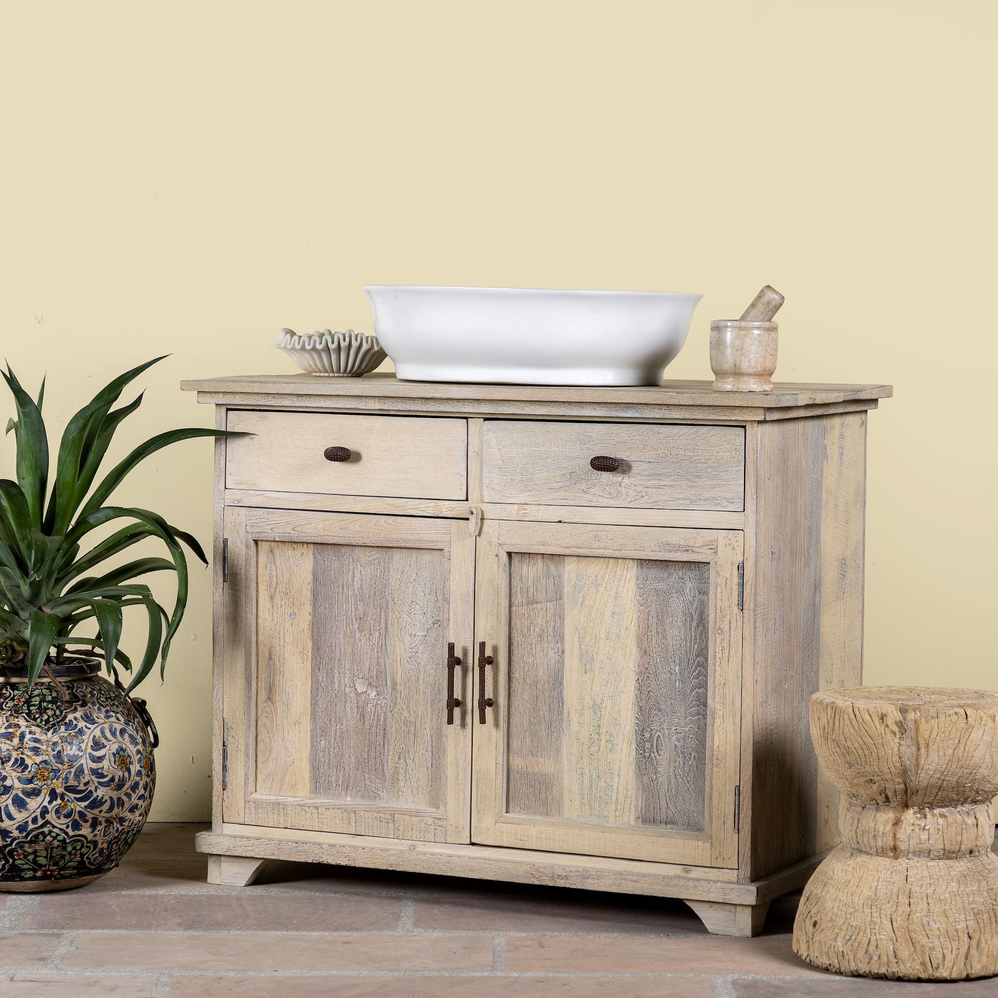 Side angle image of a reclaimed wood sandblasted cupboard with 2 drawers and 2 doors; sustainable bathroom furniture, 100 × 50 × 80 cm.