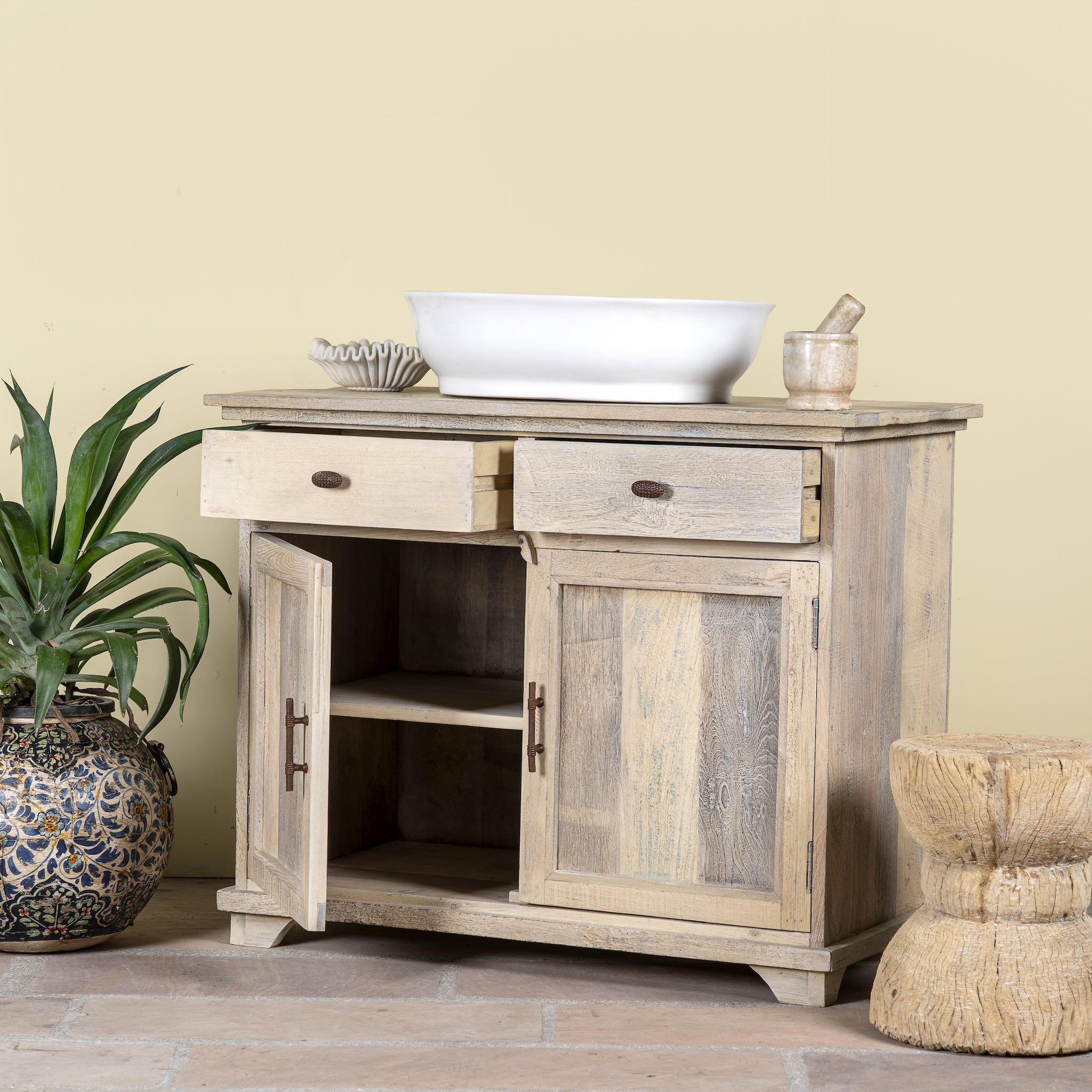 Open door image of a reclaimed wood sandblasted cupboard with 2 drawers and 2 doors; sustainable bathroom furniture, 100 × 50 × 80 cm.