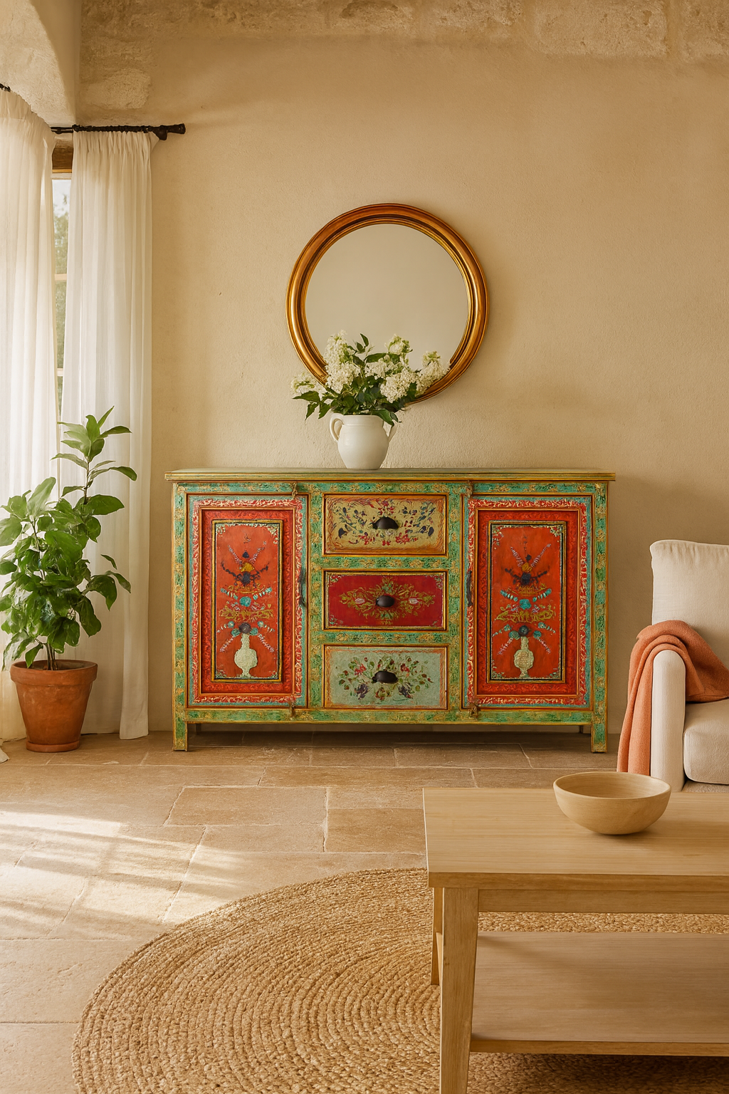 Lifestyle imagination of a sustainable hand painted sideboard made from reclaimed teak wood with floral motifs; bold bohemian furniture, 150 × 45 × 90 cm.