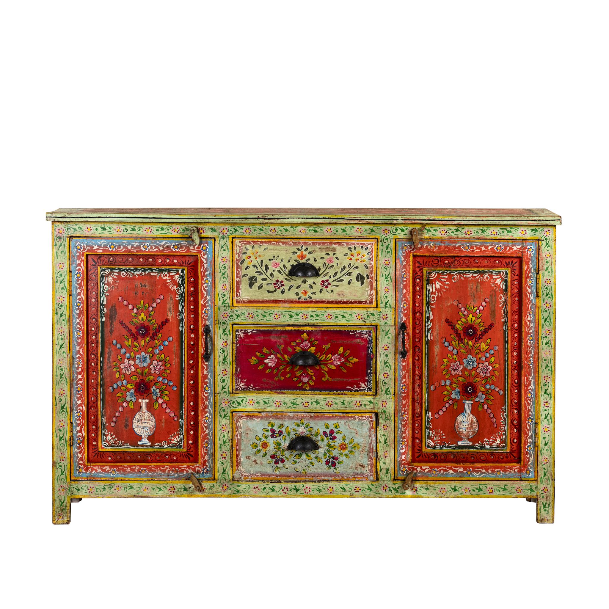 White background image of a sustainable hand painted sideboard made from reclaimed teak wood with floral motifs; bold bohemian furniture, 150 × 45 × 90 cm.