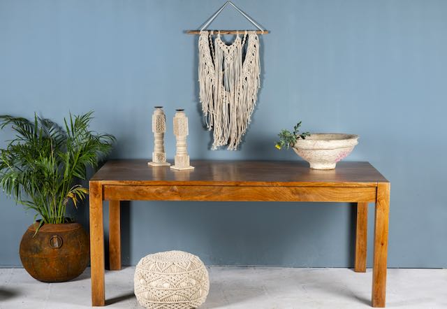 Rectangular solid wood dining table crafted from reclaimed teak; minimalist style reclaimed wood dining table, 180 × 100 × 77 cm.