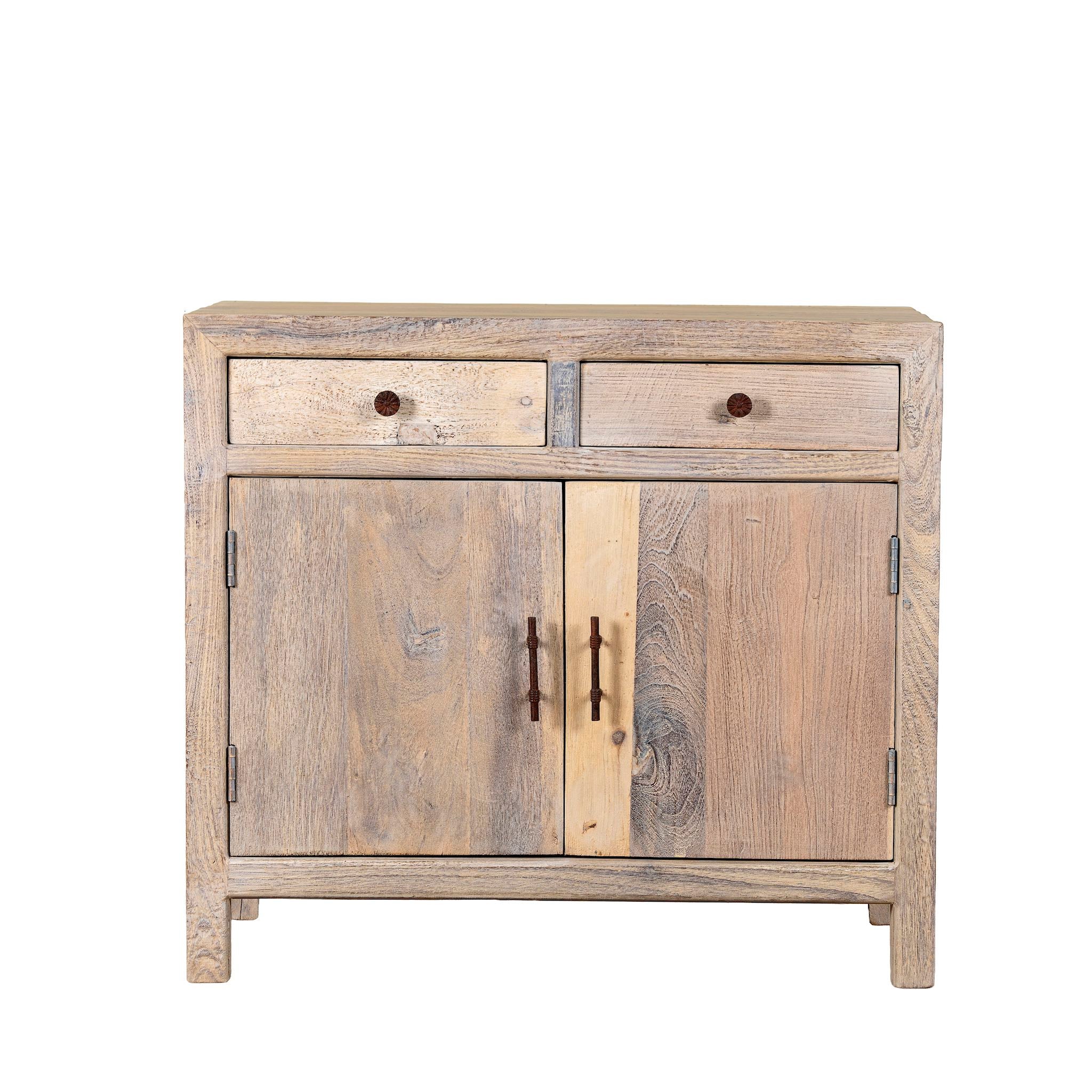 White background image of a reclaimed wood cupboard with 2 drawers and 2 doors, rustic finish; sustainable bathroom furniture, 90 × 50 × 80 cm.
