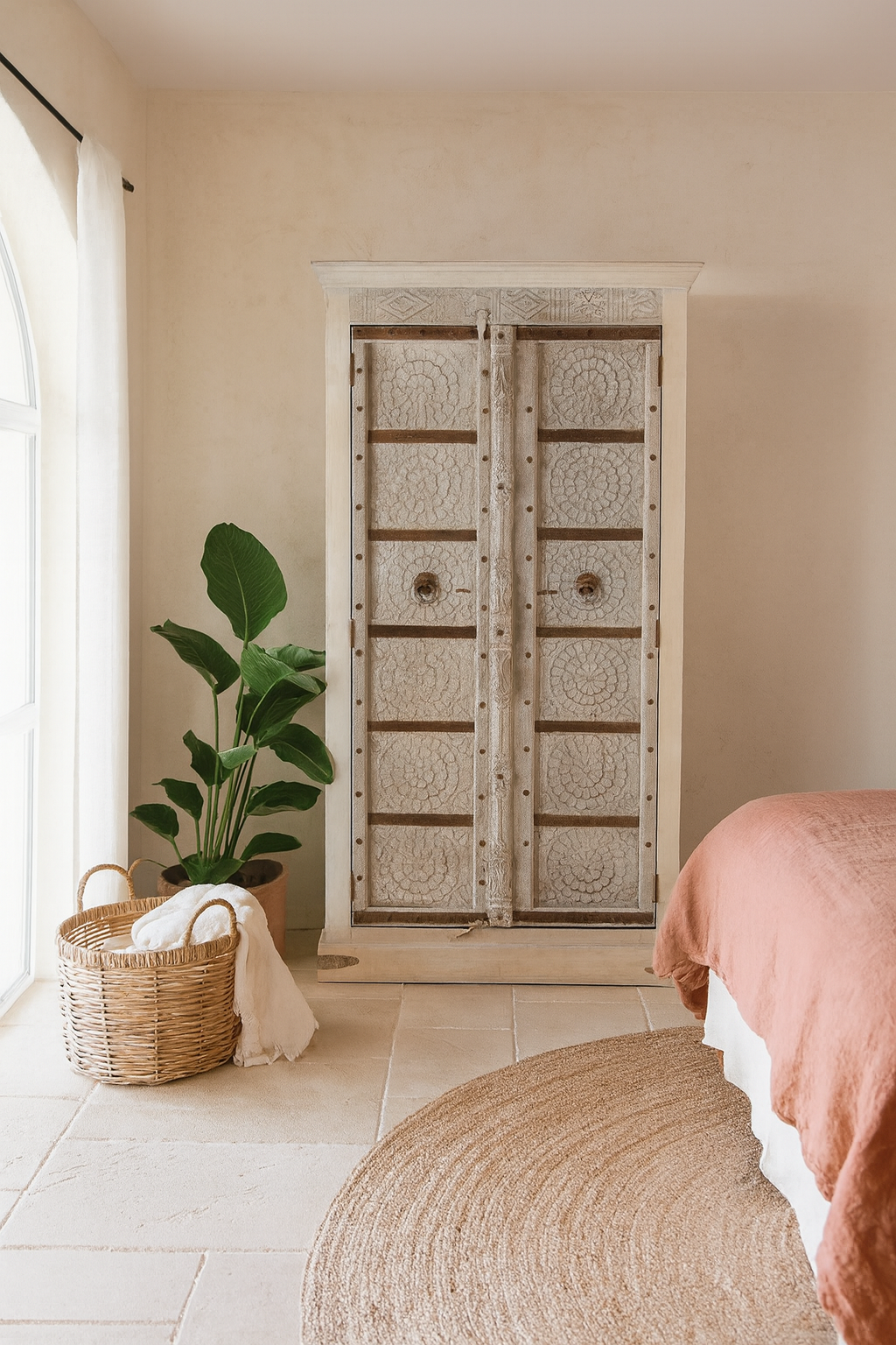 Lifestyle imagination of a old door cabinet with reclaimed teak doors, floral carvings, and iron accents; artisan teak wood wardrobe with mango wood frame, 100 × 44 × 206 cm.
