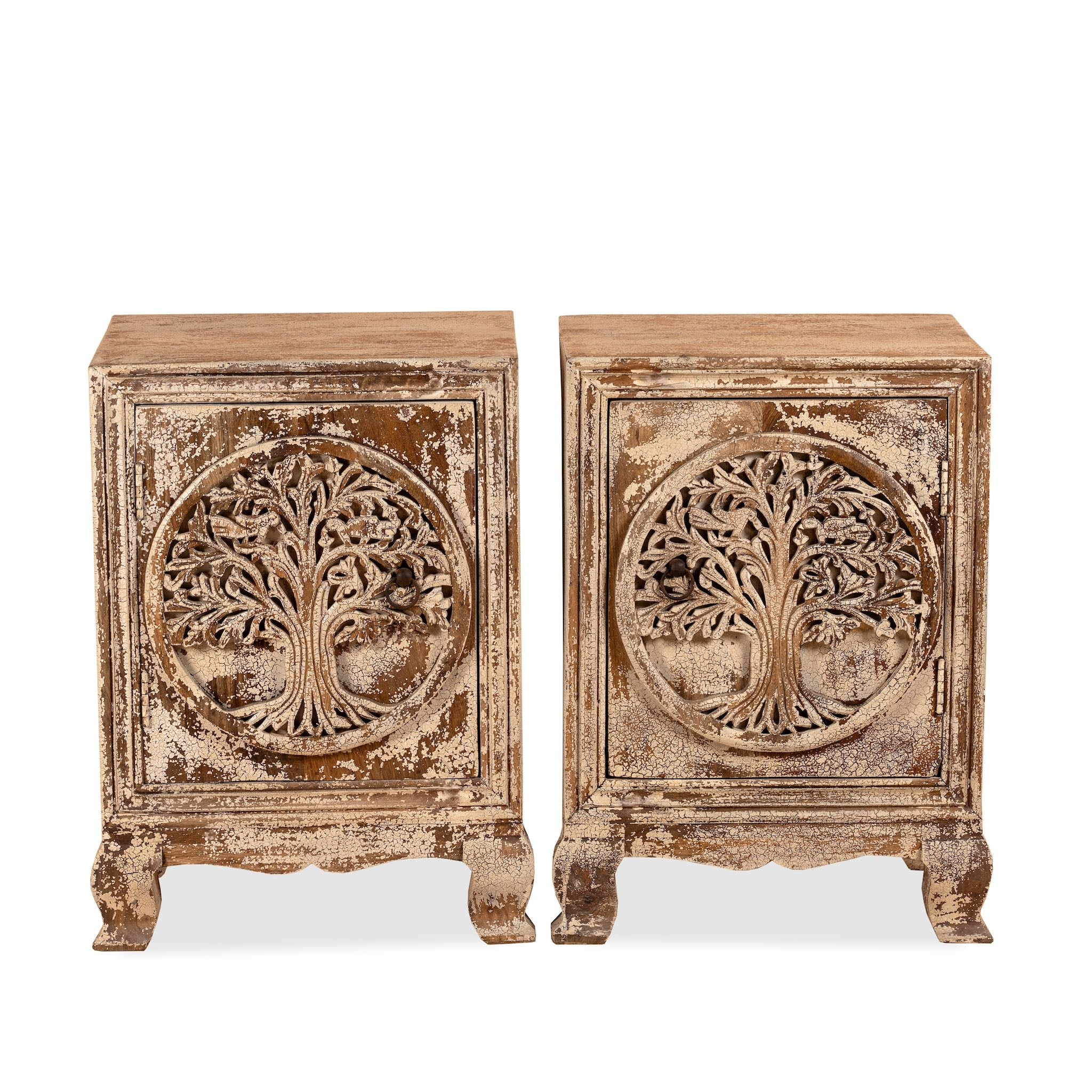 White background image of a pair of mango wood bedside tables with hand-carved tree motifs and antique finish; perfect bedroom furniture and mango wood furniture, 50 × 70 × 40 cm.