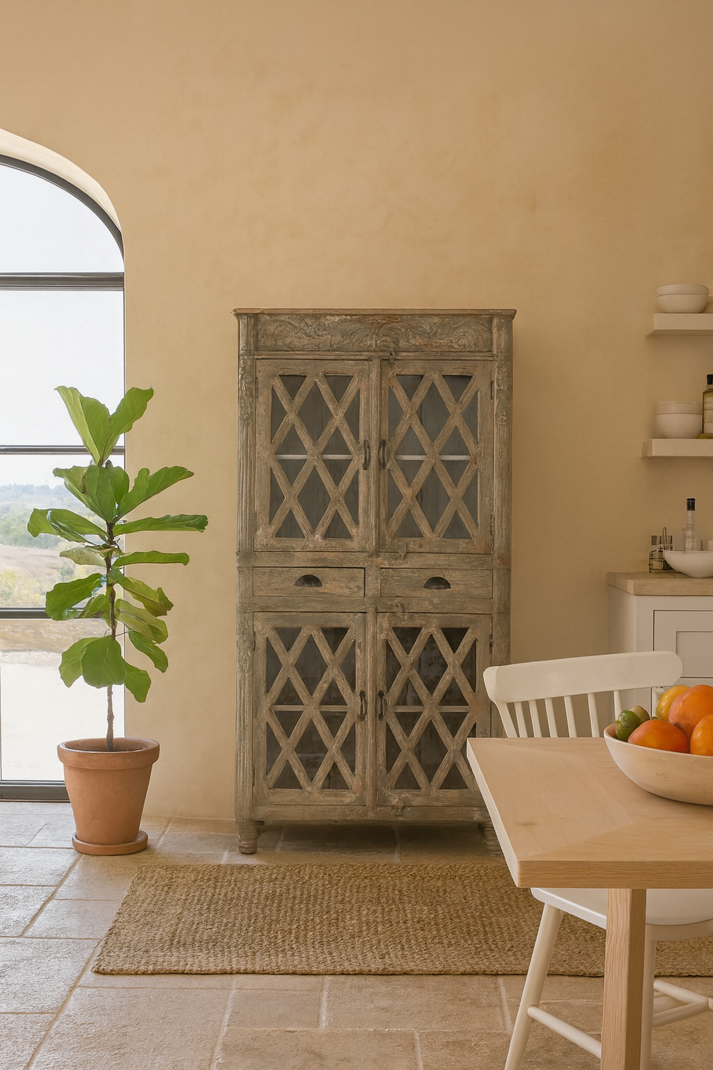 Lifestyle image of a vintage display cabinet made from solid mango wood with glass doors and shelving – handcrafted Ibiza-style showcase with carved details.