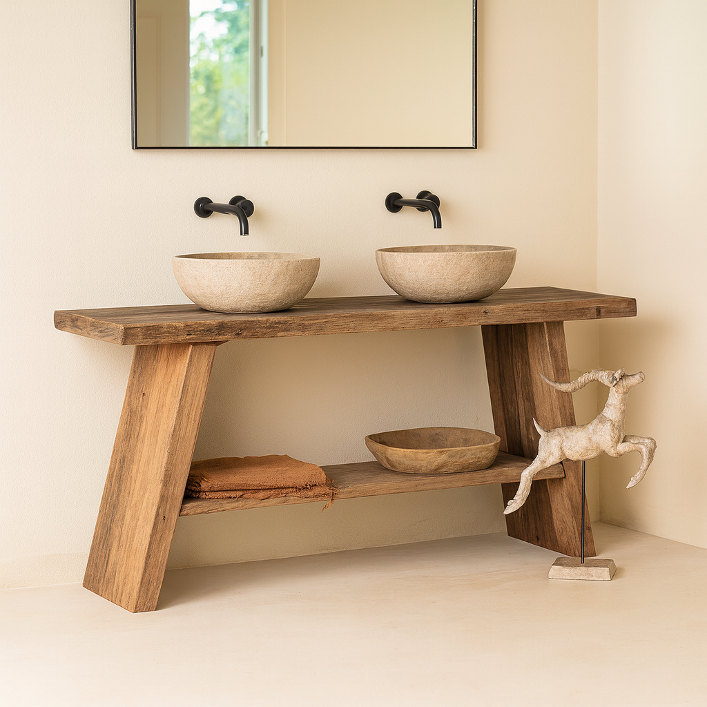 Lifestyle imagination of a driftwood console table made from reclaimed wood, with lower shelf and weathered finish; sustainable furniture for entryways, 200 × 32 × 80 cm.