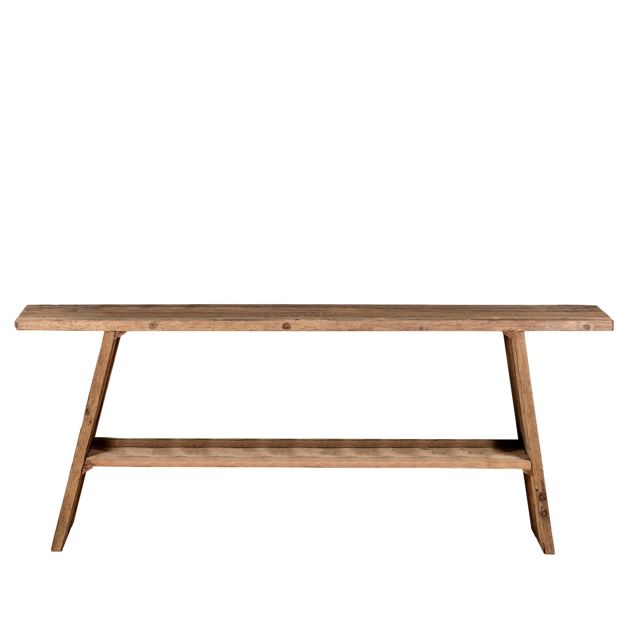 White background image of a driftwood console table made from reclaimed wood, with lower shelf and weathered finish; sustainable furniture for entryways, 200 × 32 × 80 cm.