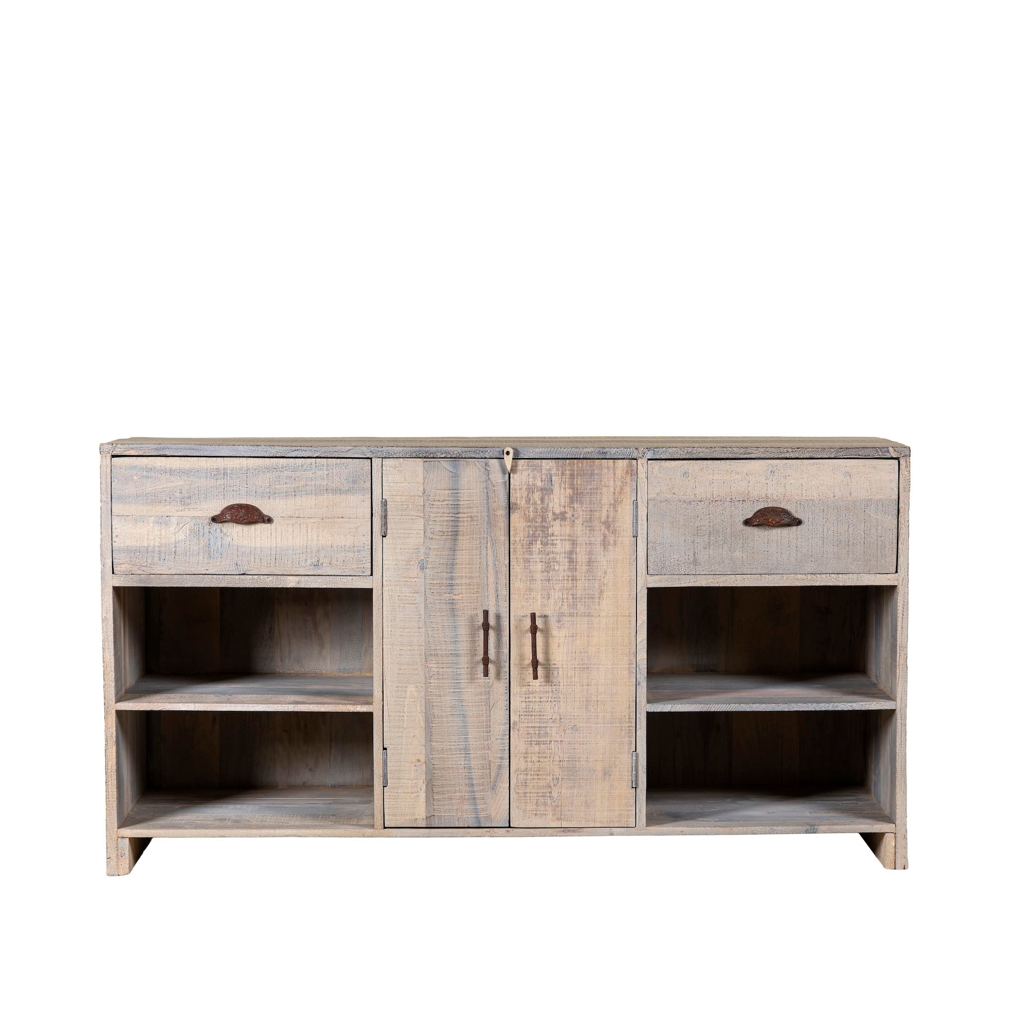 White background image of a bathroom console table wood with 2 drawers, 2 doors, and 4 open shelves; reclaimed wood bathroom furniture, 150 × 50 × 80 cm.