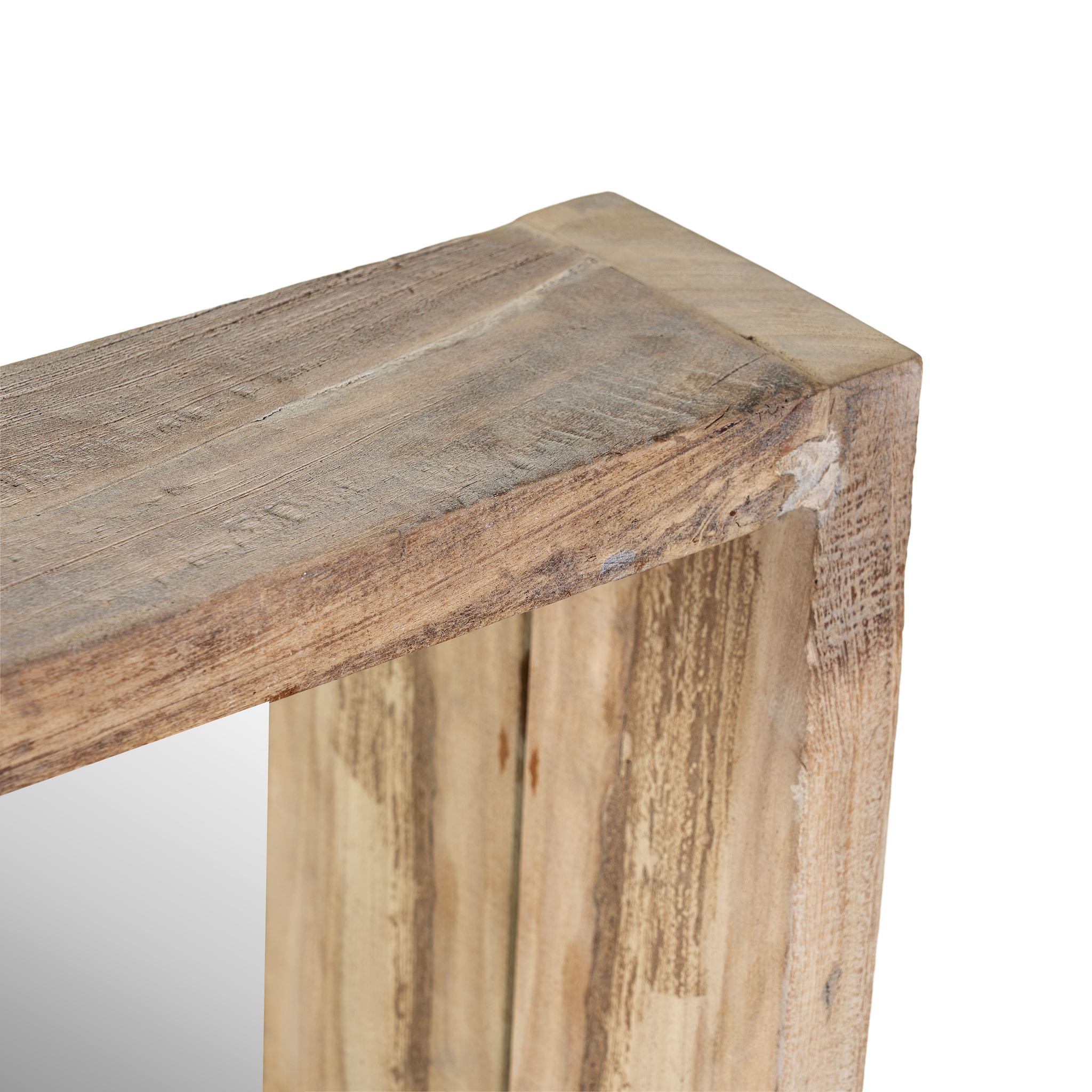 Close up image of a Rectangular reclaimed wooden mirror with sandblasted finish and integrated shelf; rustic bathroom mirror with storage, 120 × 15 × 80 cm.