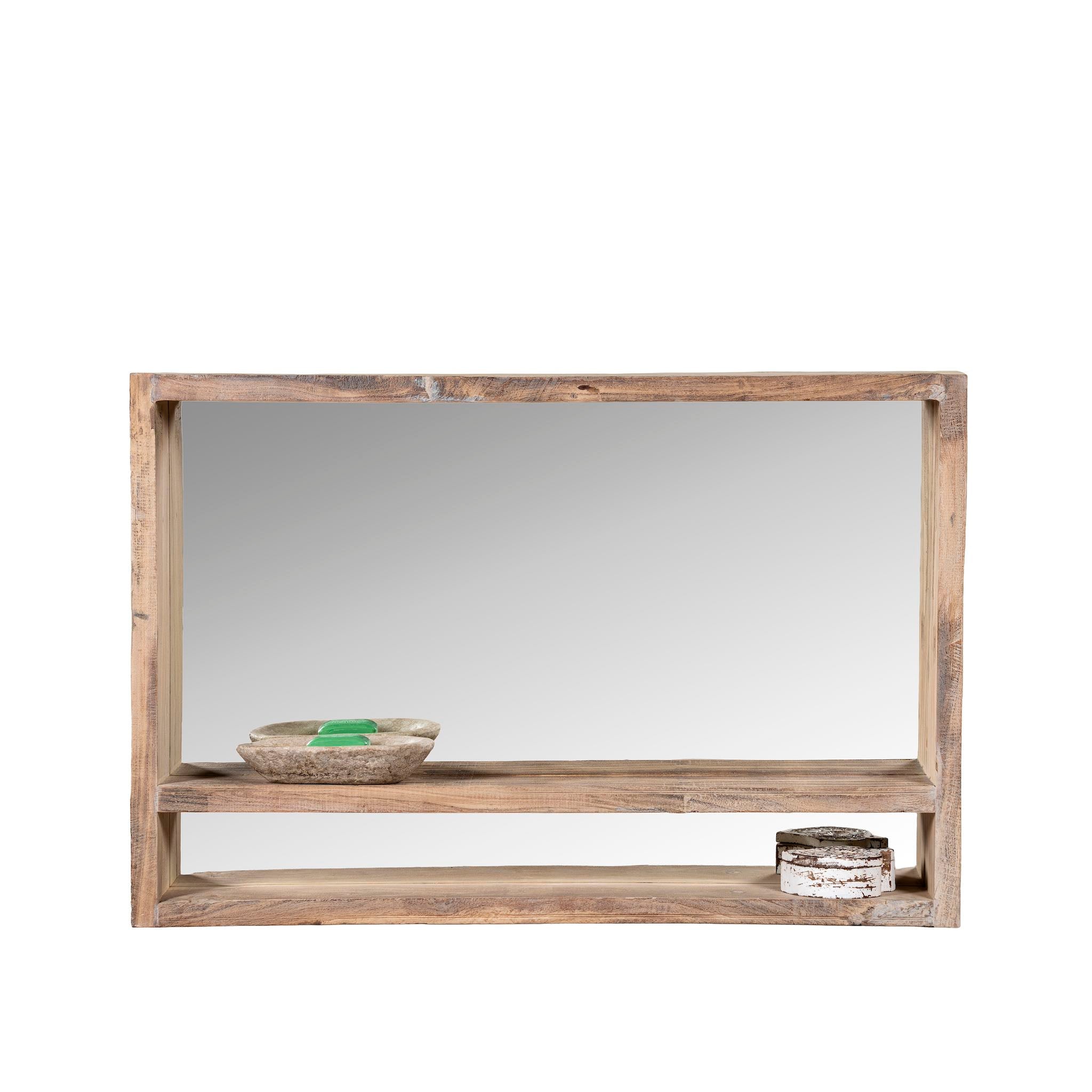 Rectangular reclaimed wooden mirror with sandblasted finish and integrated shelf; rustic bathroom mirror with storage, 120 × 15 × 80 cm.