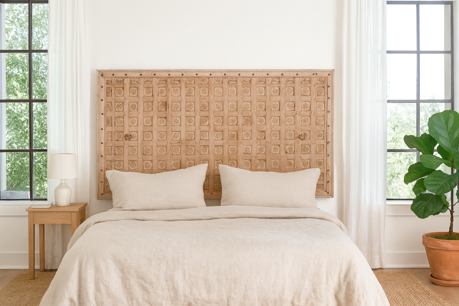 Lifestyle image of a Bheem hand-carved teak headboard made from an old Indian ceiling door, featuring floral panel carvings and a whitewashed finish—an authentic piece of old door headboards and old Indian door furniture.