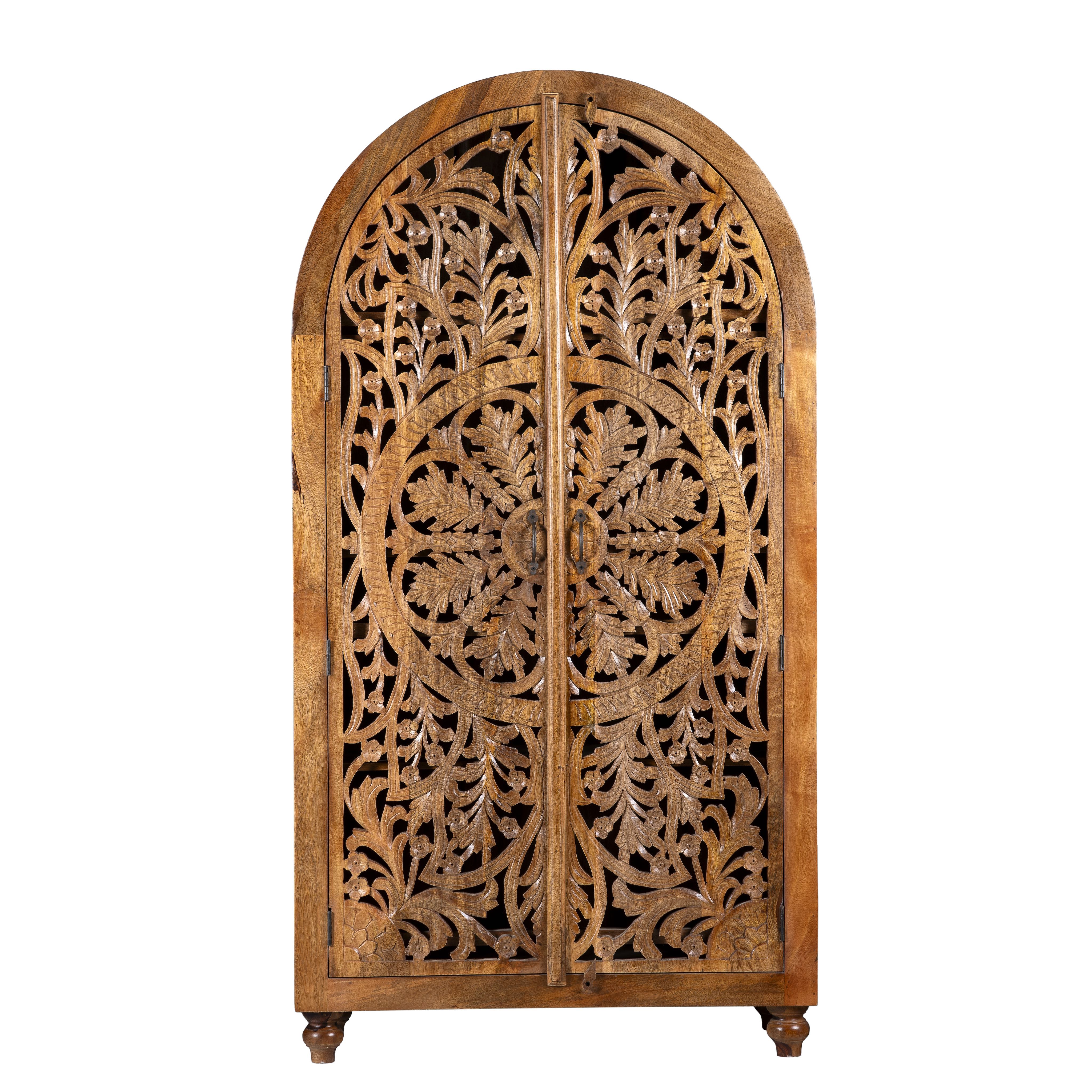 White background image of a unique wooden wardrobe made from solid mango wood with hand-carved floral design and rounded shape, 100 × 40 × 190 cm.