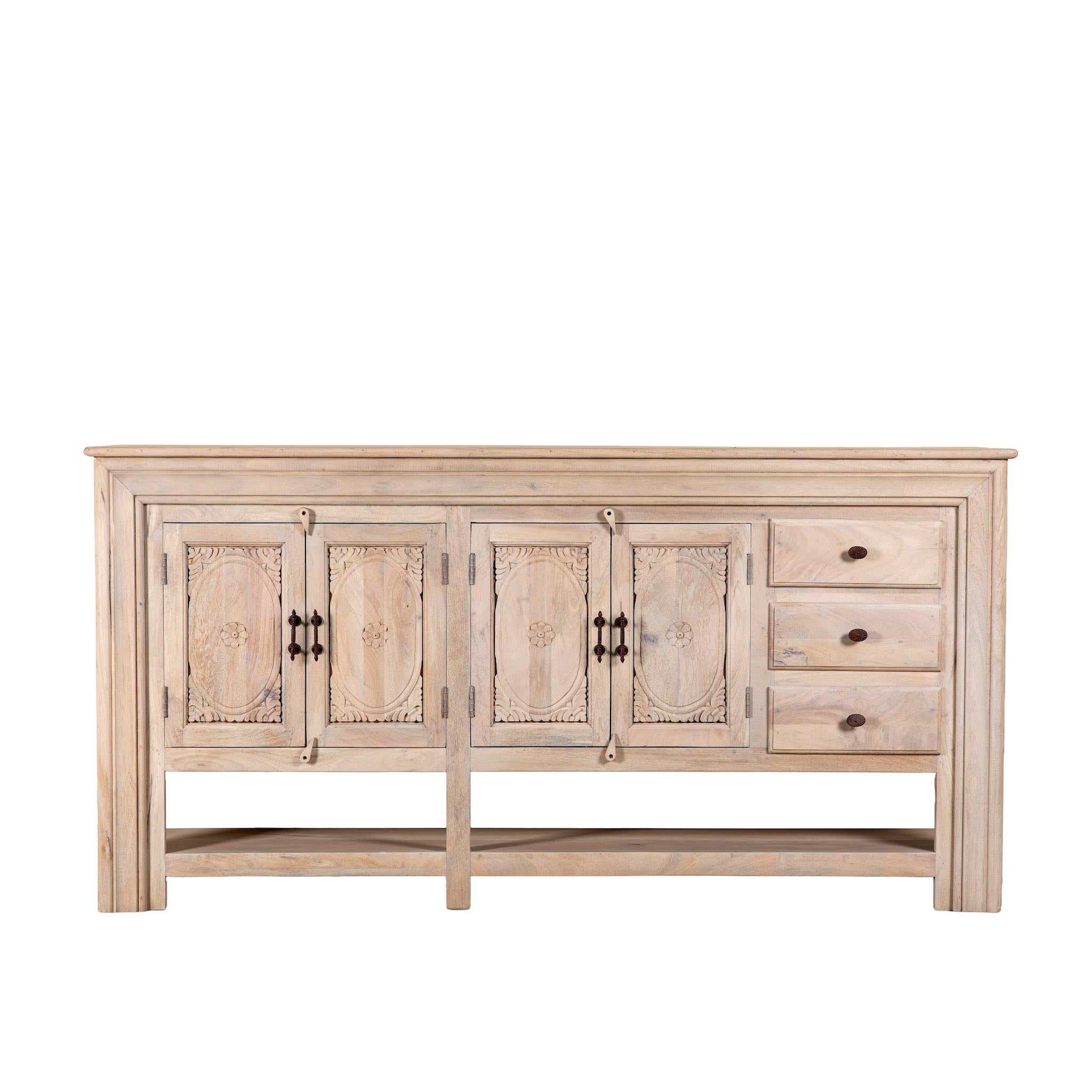 White background image of a sandblasted mango wood console table with 4 doors and 3 drawers; Mediterranean-style vintage entryway table, water-protected surface, 200 × 42 × 100 cm.