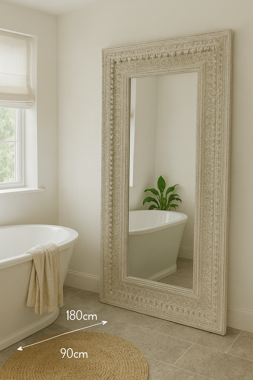 Lifestyle imagination of a tall white washed wall mirror with hand carved wooden mango wood frame; 180 × 90 × 10 cm.