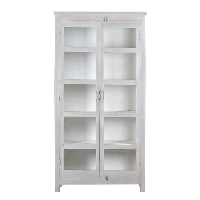 White background image of a shabby chic teak wood cabinet with glass doors and five compartments – sustainable living room furniture crafted from refurbished old teak with rustic white finish.