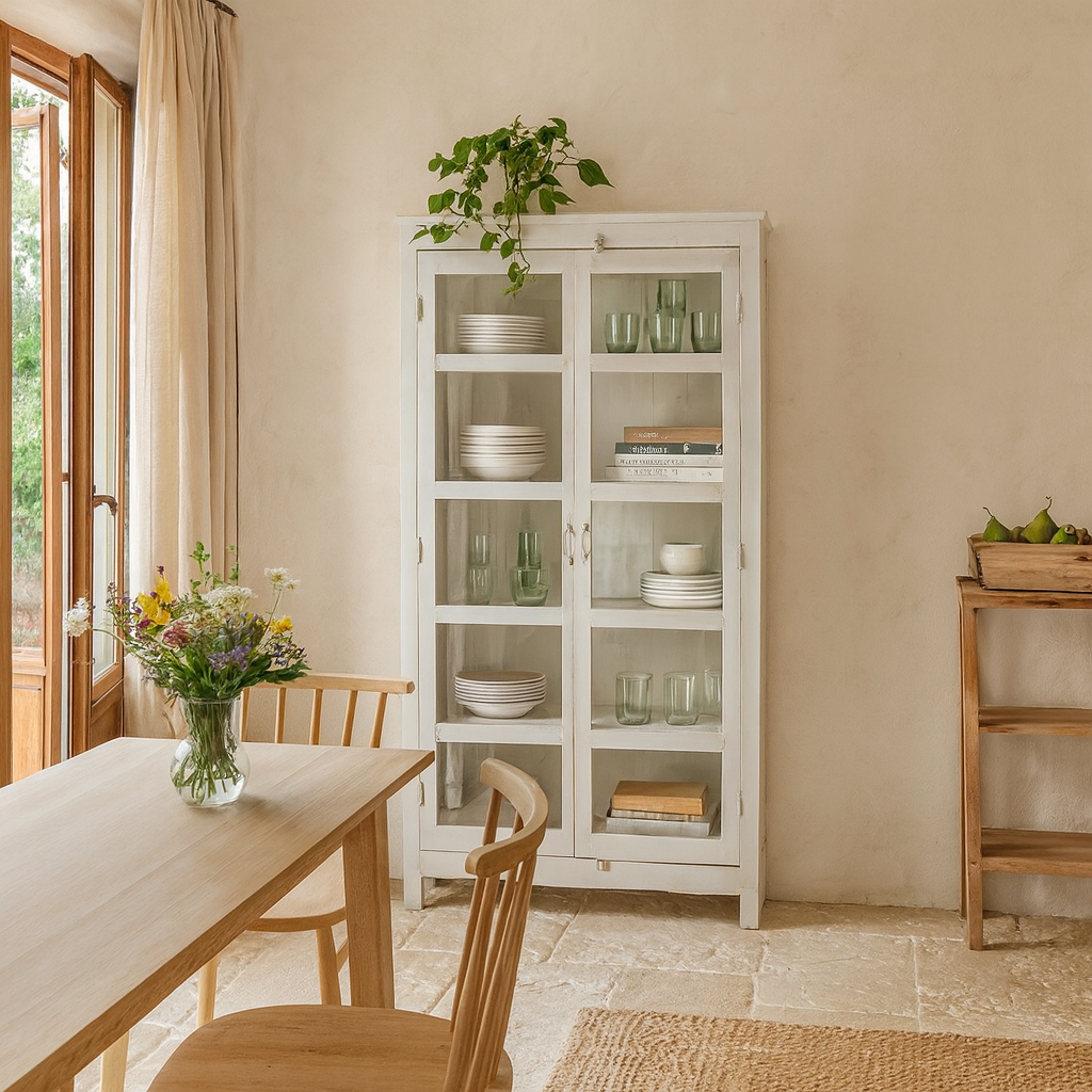 Lifestyle image of a shabby chic teak wood cabinet with glass doors and five compartments – sustainable living room furniture crafted from refurbished old teak with rustic white finish.